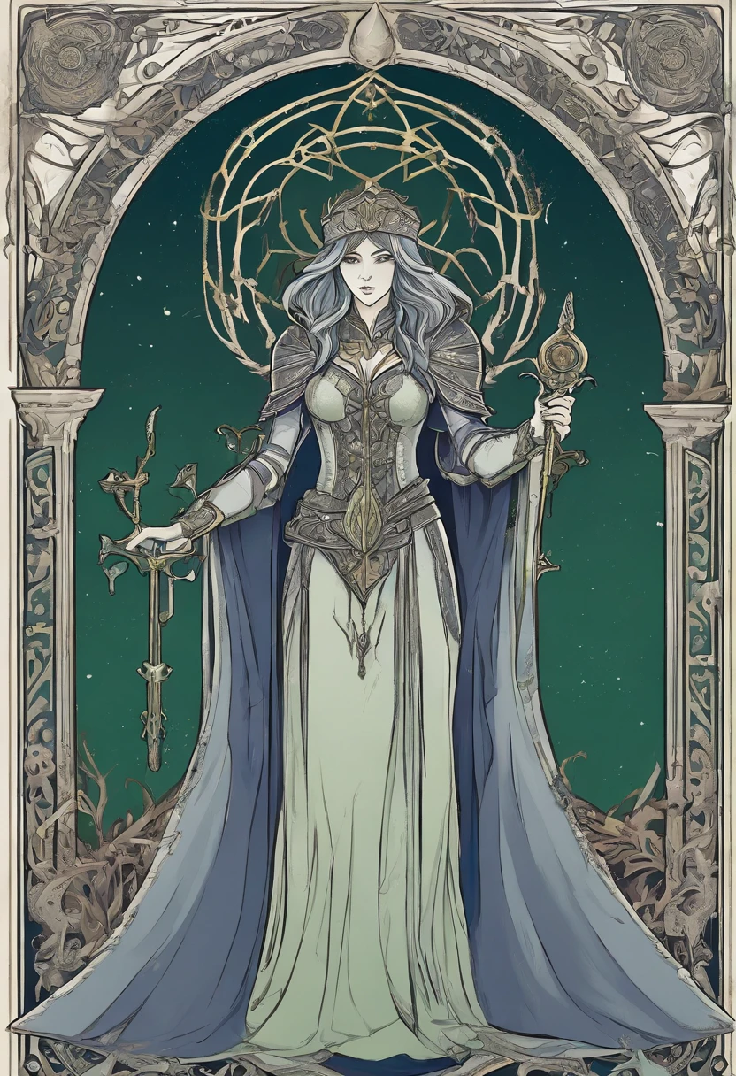 tarot card design, flat color, solo, full body, long ears, woman, grey skin, long hair reaching lower back, dark blue-grey hair, warlock, worn cloak, metal armor plates, metal gauntlets, metal spiky shoulder pads, metal greaves, stag skull bone helmet, weilding green magic in right hand, holding staff in left hand