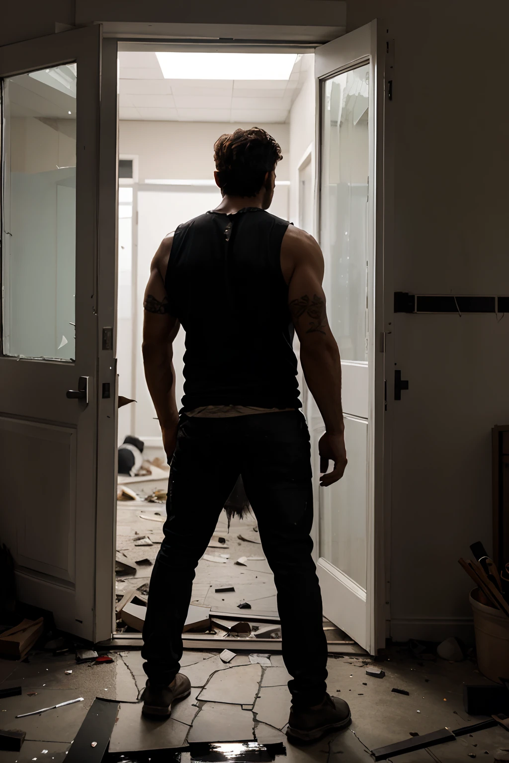 A Back facing shot of a werewolf-like man standing in a shattered and broken doorway