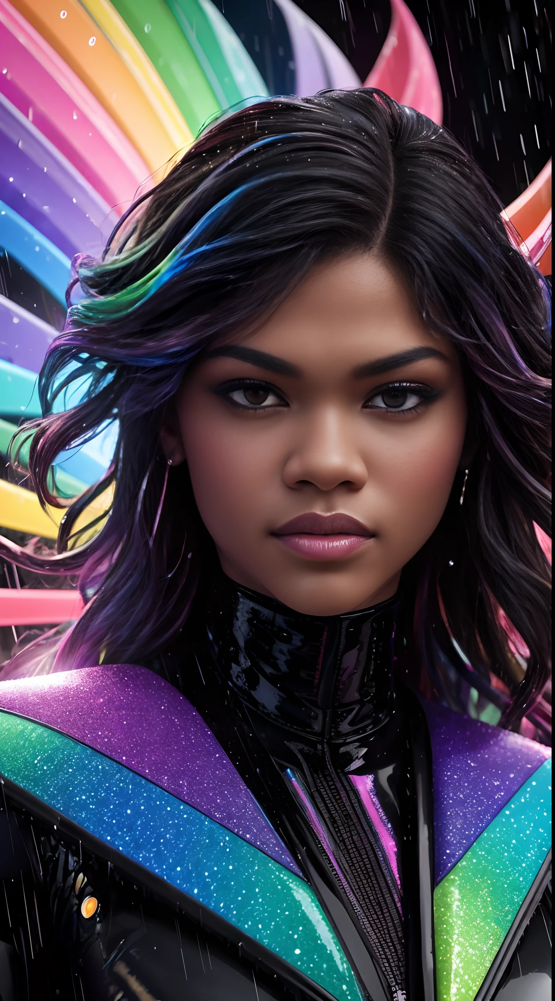 Zendaya amidst heavy thick gel rain, close up, glowing ebony black skin, clashing natural Elements swirling upon magical Rainbow colors tornado, photorealistic, hyperrealism, professional photography, DSLR, HDR, holographic emerging from 2D to 3D