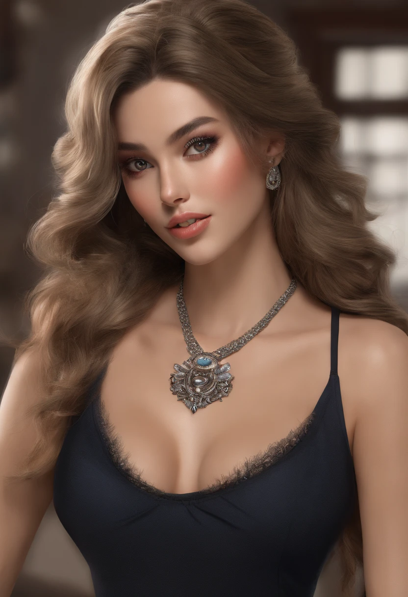 (masterpiece, best quality), beautiful woman, detailed sleeveless turtleneck top, pants, necklace, wavy hair, perfect face, beautiful face, alluring, big gorgeous eyes, open mouth, happy, perfect slim fit body, (indoor), mansion, luxury, bright colors