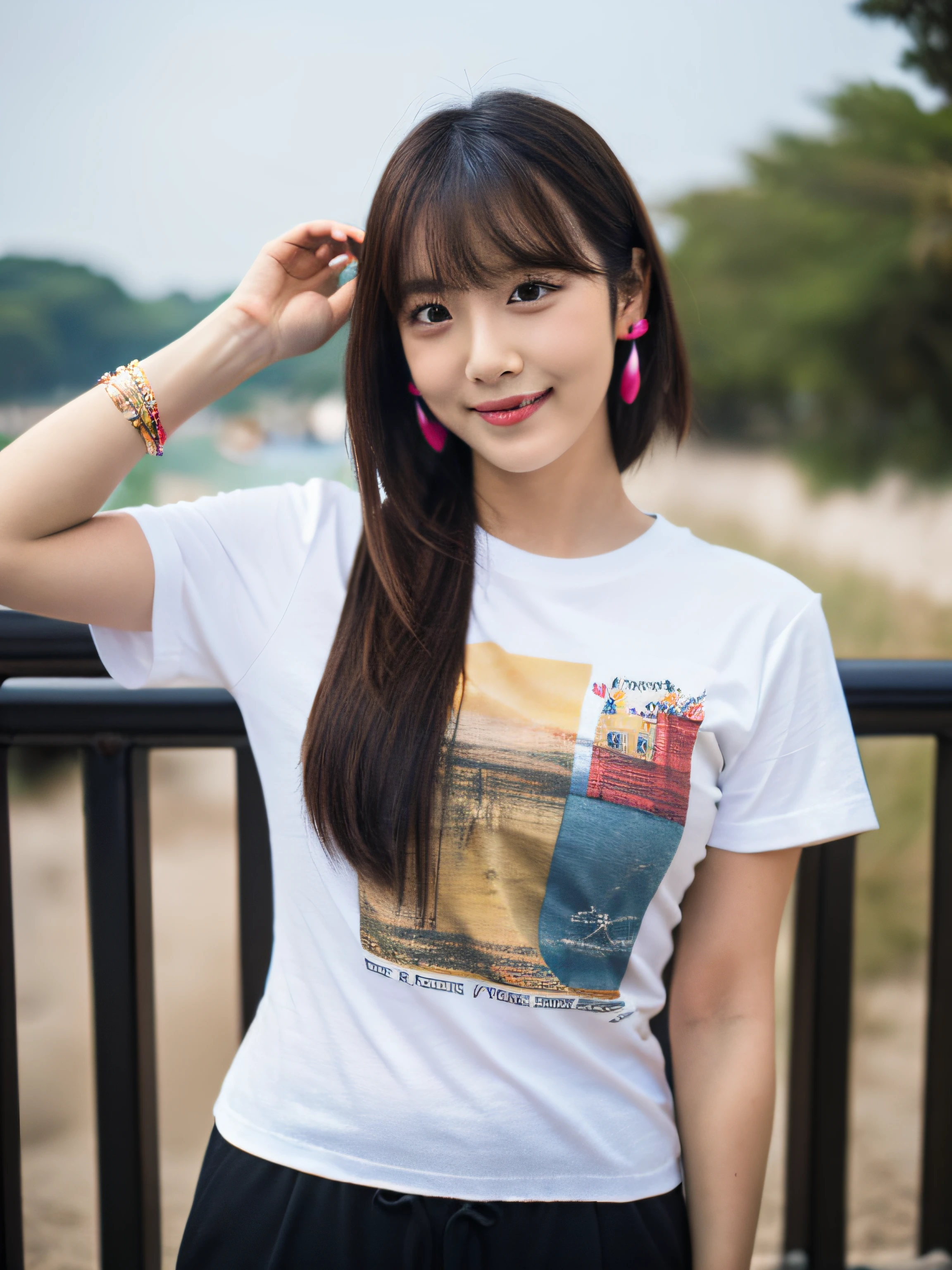 A girl (twenty years old, Japanese cute face) are wearing Tshirts, mini skirt at the beach bar
