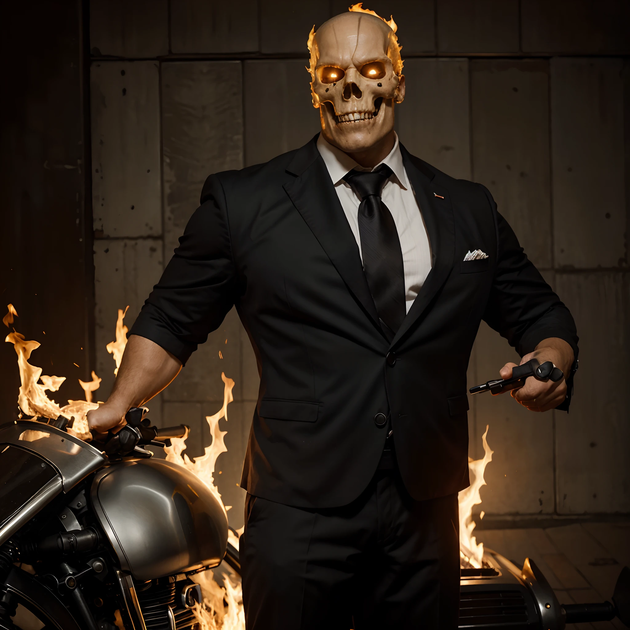 Ghost rider , muscled with huge pecs , hugge torso , huge arms , with a skull head like  with fire , in suit with a tie ans spikes