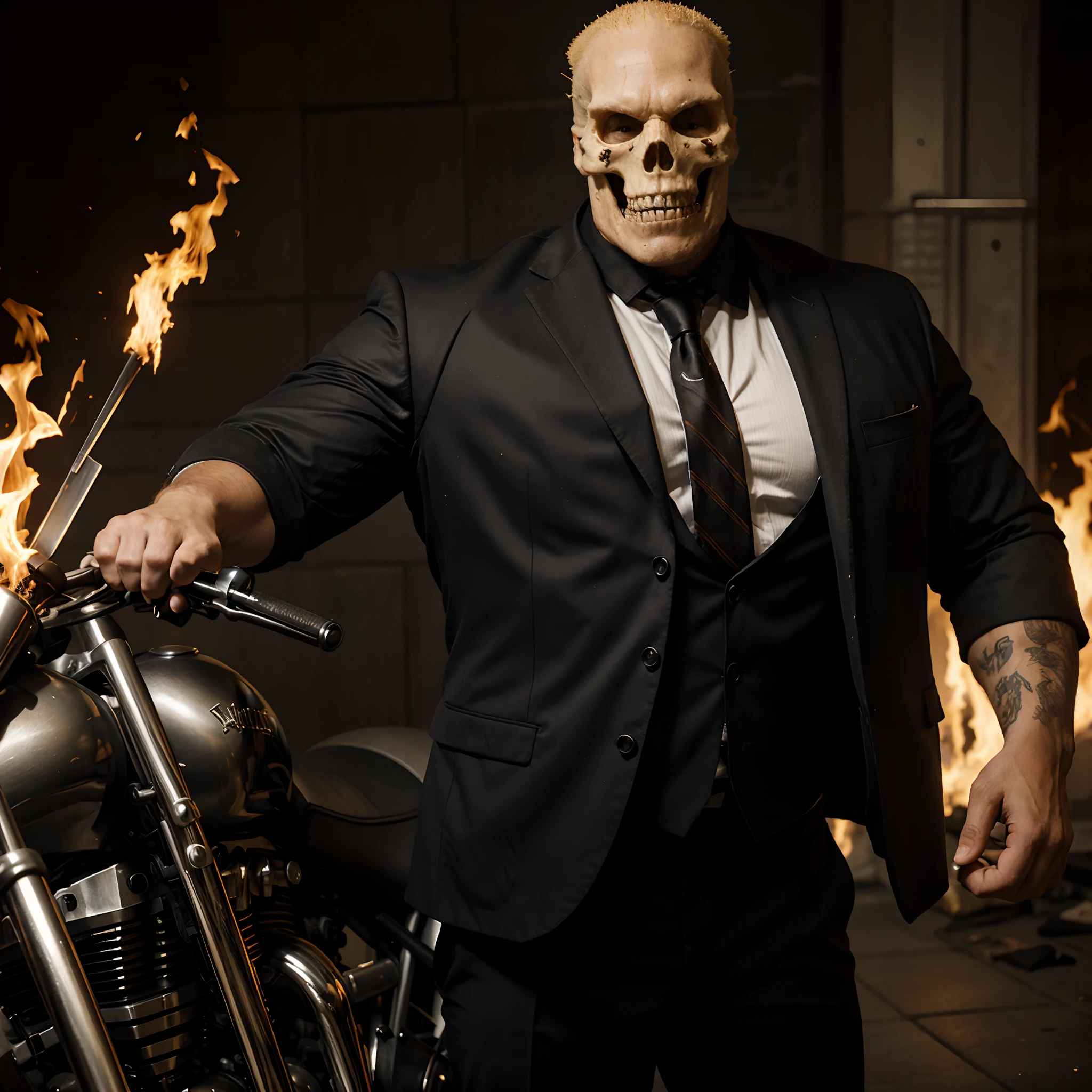 Ghost rider , muscled with huge pecs , hugge torso , huge arms , with a skull head like  with fire , in suit with a tie ans spikes
