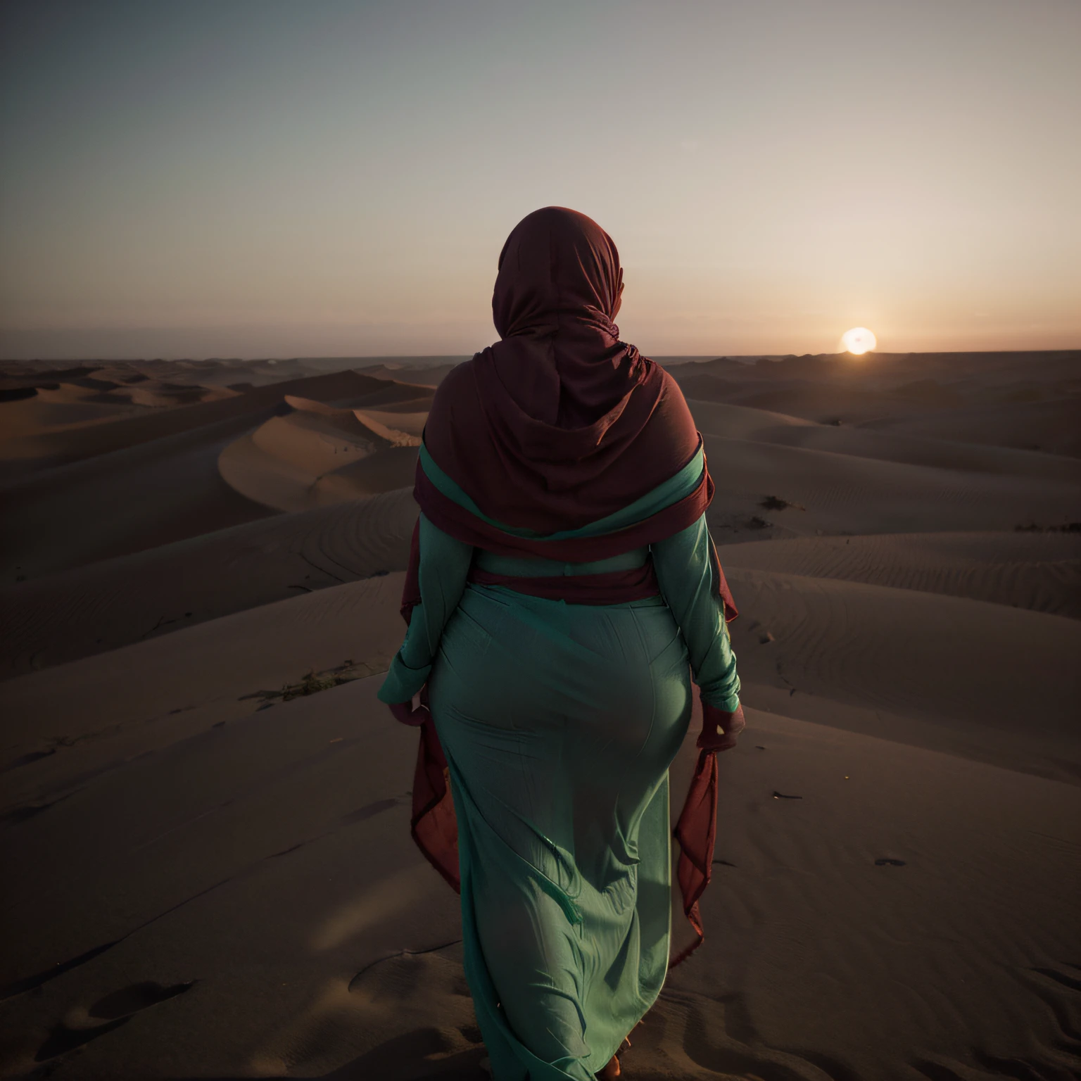 curvy fat woman, (blowing long hijab), walking on top of Sahara sand dune, ((looking away)), ((from behind)), (face hidden), (((Morocco))), breeze, ((dark red colorful sunset)), (green sheer dress), (((big curvy hips))), shimmer, (flowing green hooded kaftan), natural skin, candles, Moroccan lamps, 24mm, 4k, soft cinematic light, RAW photo, photorealism, photorealistic, intricate, elegant, highly detailed, sharp focus, ((cinematic look)), soothing tones, insane details, intricate details, hyperdetailed, low contrast, soft cinematic light, dim colors, exposure blend, hdr, faded, (epic), sexy, magical