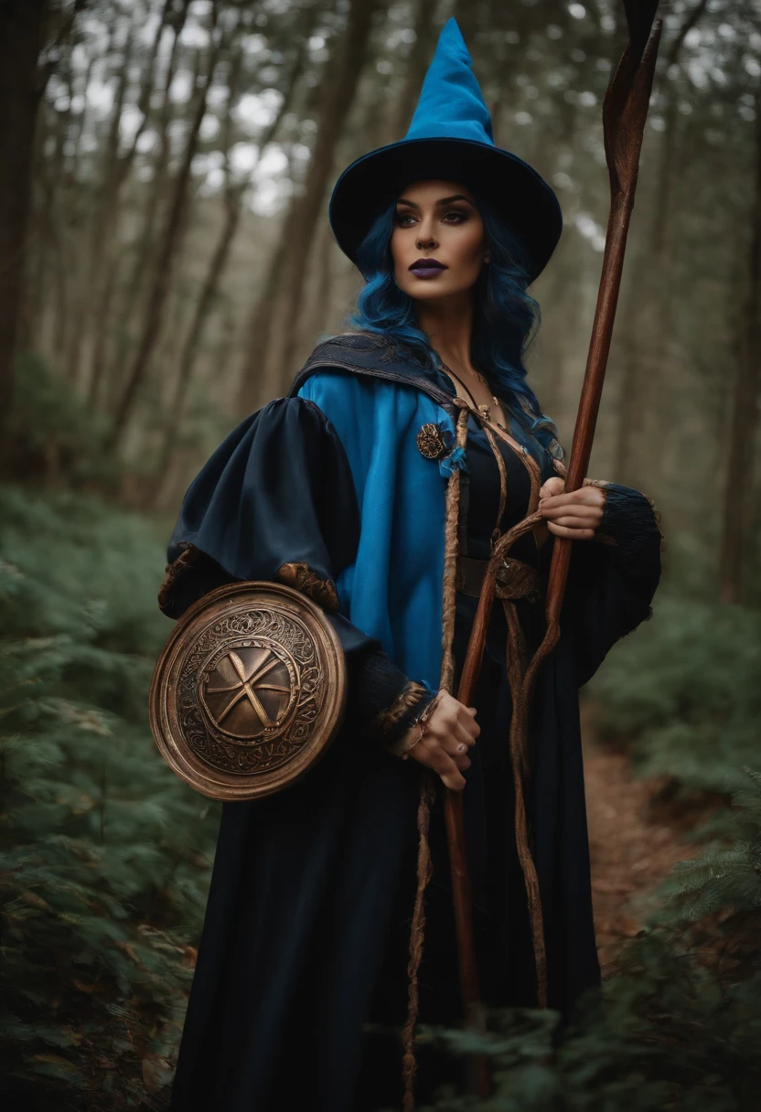 Um cosplay do personagem rune wizard, Wearing a pointy hat, uma capa azul, A Magic Staff and a Rune Book