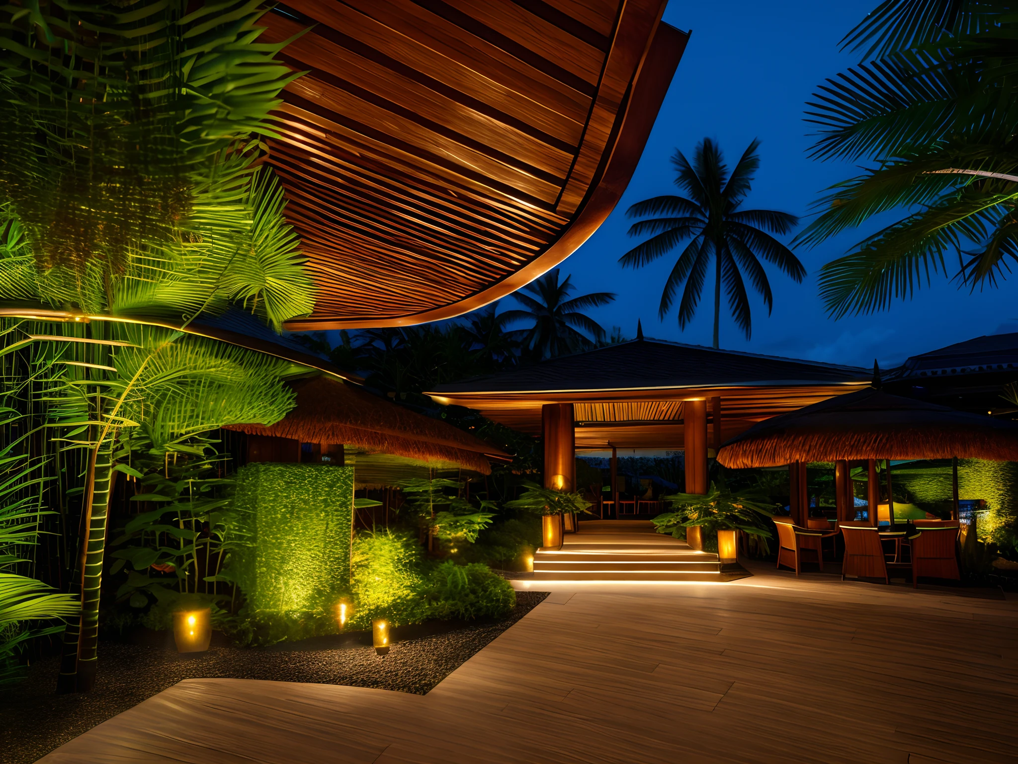 seen from outside, tropical location, frontview, restaurant, front side, resort, outside view, restaurant, exterior view, exterior, bamboo material, natural stone, night light, many tree, Decorative umbrella