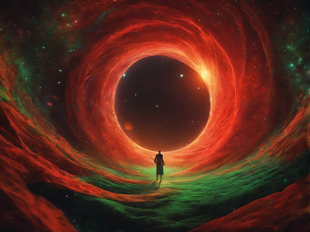 Close-up of a black hole in a red and green galaxy, Inside a black hole, Black holes in space, Get out of the black hole, Interstellar black hole, Enter a black hole, Black hole event horizon, is being drawn into a blackhole, black hole, black hole, black hole time portal, Black holes, luminous black hole portal,Photography,Game scene graph,author:Andrey Remnev,sober, Otherworldly,in wonderland, impossible,Dot Art,Pointillism,by Gustav Klimt,
