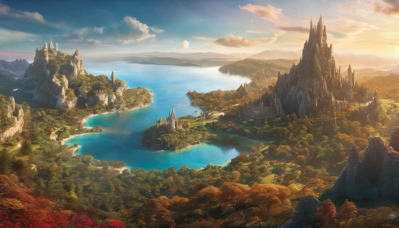 Aerial view of a hyper detailed fantasy fantasy setting, 4k, uhd, um torre feita de esmeralda no centro da cena, With the sea in crystal clear waters, Autumn mountainous vegetation, Sunset towards the right side of the scene to the left, luz do sol no fim do dia., With your twilight sky dusking, photographic light, foto realista de cinema, Camera with 35mm lens.