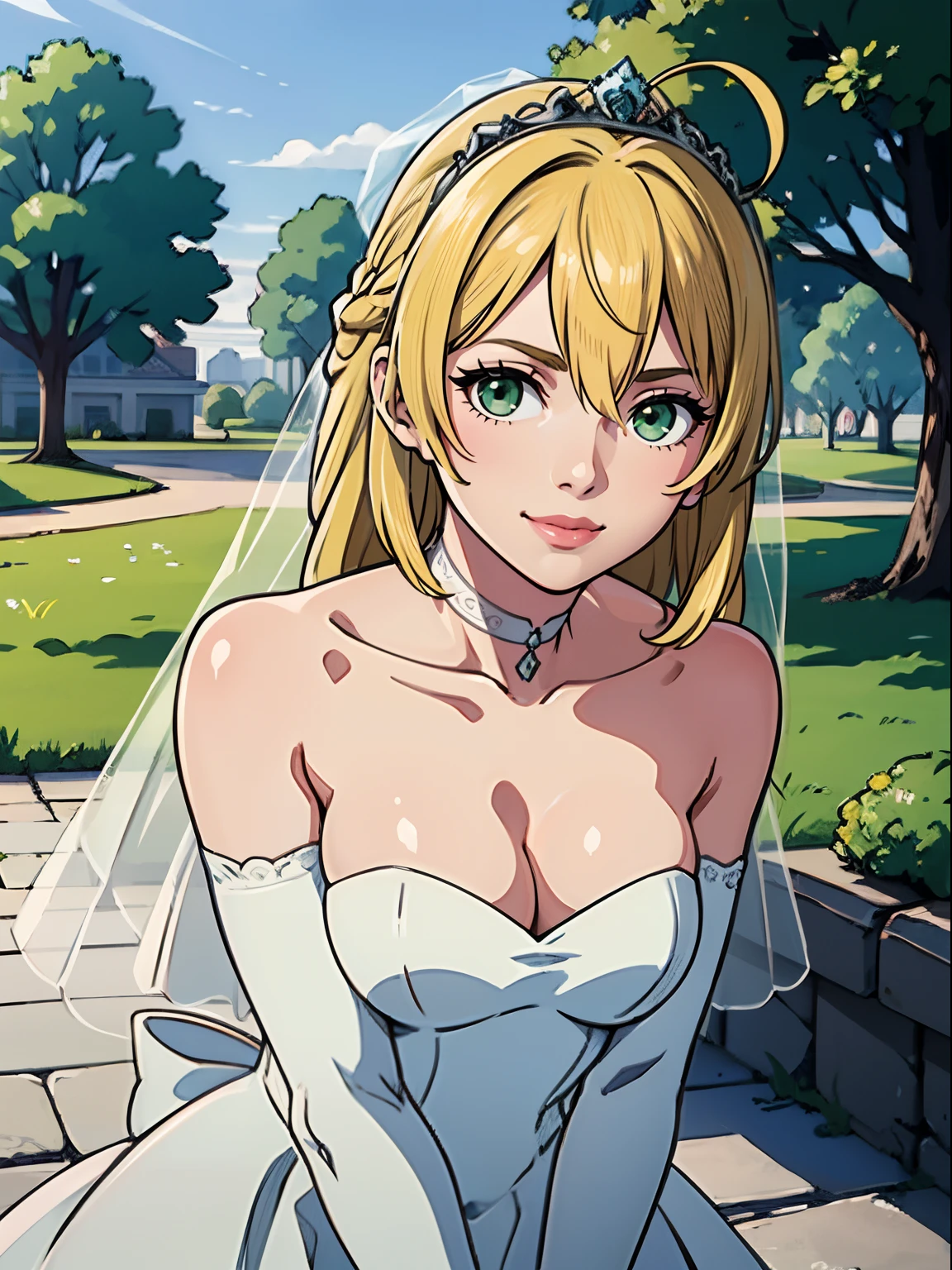 ingrid_academy, bangs, green eyes, hair between eyes, ahoge, hair ornament, gloves, dress, cleavage, bare shoulders, collarbone, white oprea gloves, white gloves, white dress, strapless, white choker, tiara, veil, strapless dress, wedding dress, bridal veil, beautiful woman, perfect body, perfect breasts, wearing a wedding dress, ball gown, in the park trees, wedding decorations, looking at the viewer, a slight smile, realism, masterpiece, textured skin, super detail, high detail, high quality, best quality, 1080p,