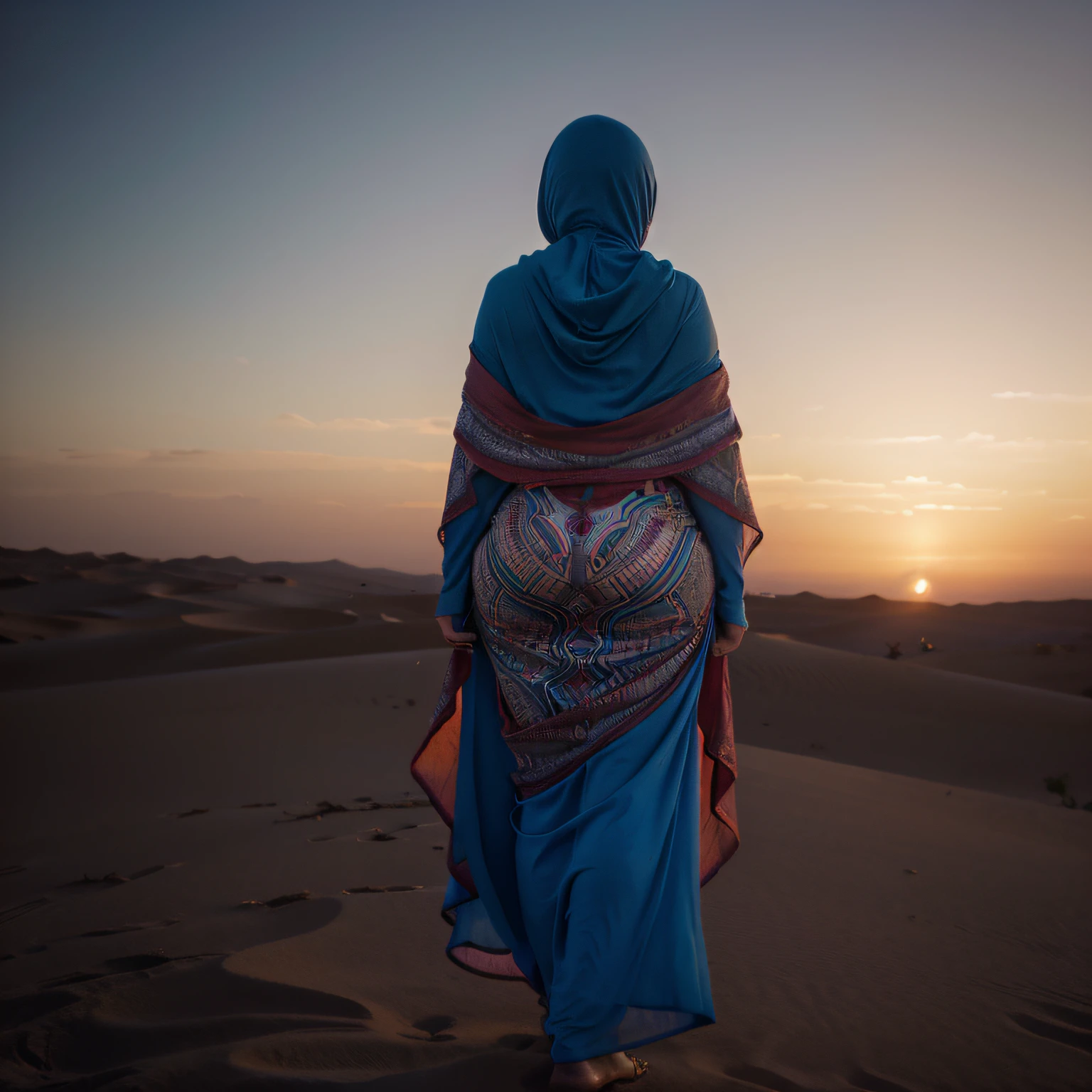 curvy fat woman, (blowing long hijab), walking on top of Sahara sand dune, ((looking away)), ((from behind)), (face hidden), (((Morocco))), breeze, ((dark red colorful sunset)), (green sheer dress), (((big curvy hips))), shimmer, (flowing green hooded kaftan), natural skin, candles, Moroccan lamps, 24mm, 4k, soft cinematic light, RAW photo, photorealism, photorealistic, intricate, elegant, highly detailed, sharp focus, ((cinematic look)), soothing tones, insane details, intricate details, hyperdetailed, low contrast, soft cinematic light, dim colors, exposure blend, hdr, faded, (epic), sexy, magical