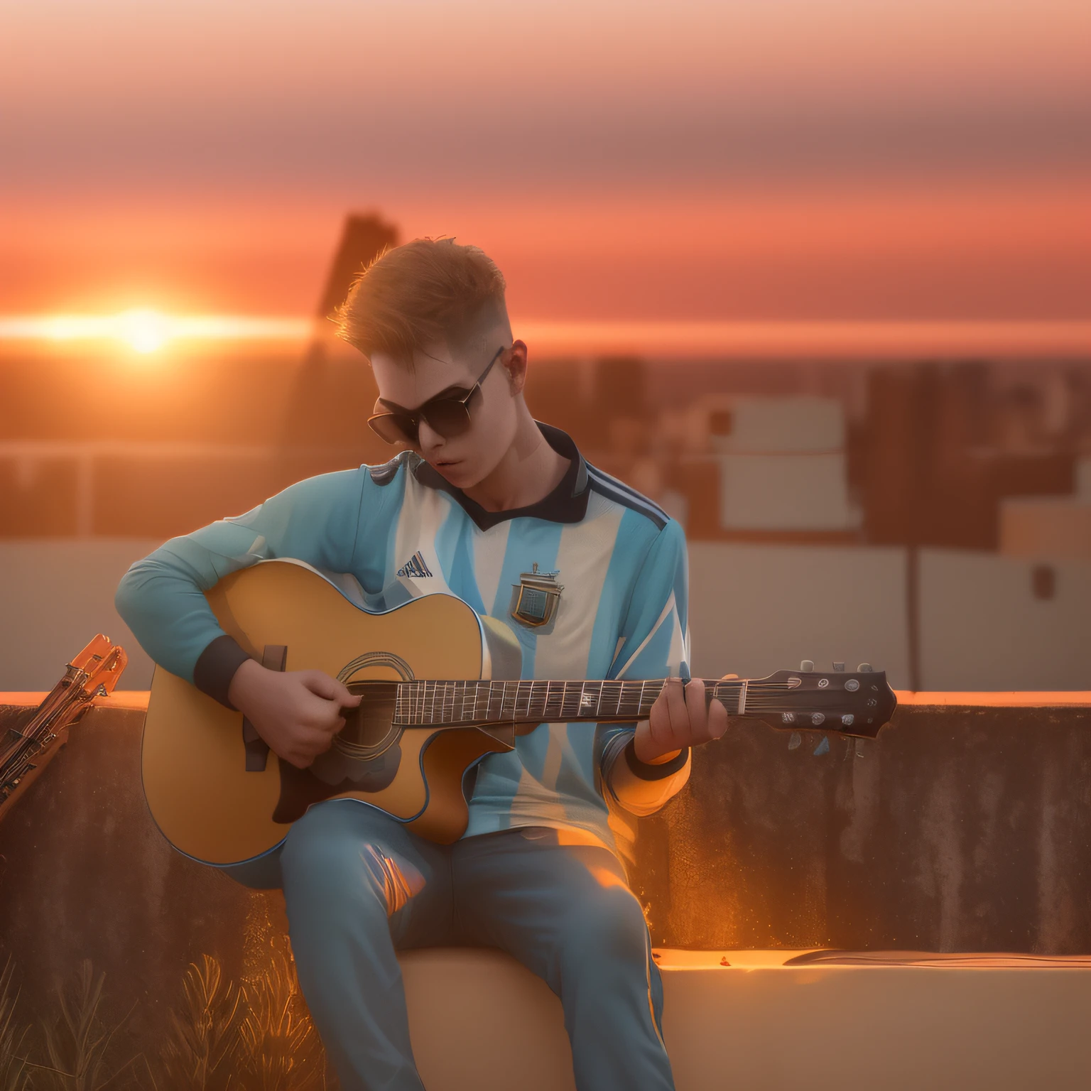 boy with Argentina jersey and guitar wearing a sunglass in sunset ultra lighting highly detailed face 8k resoulution