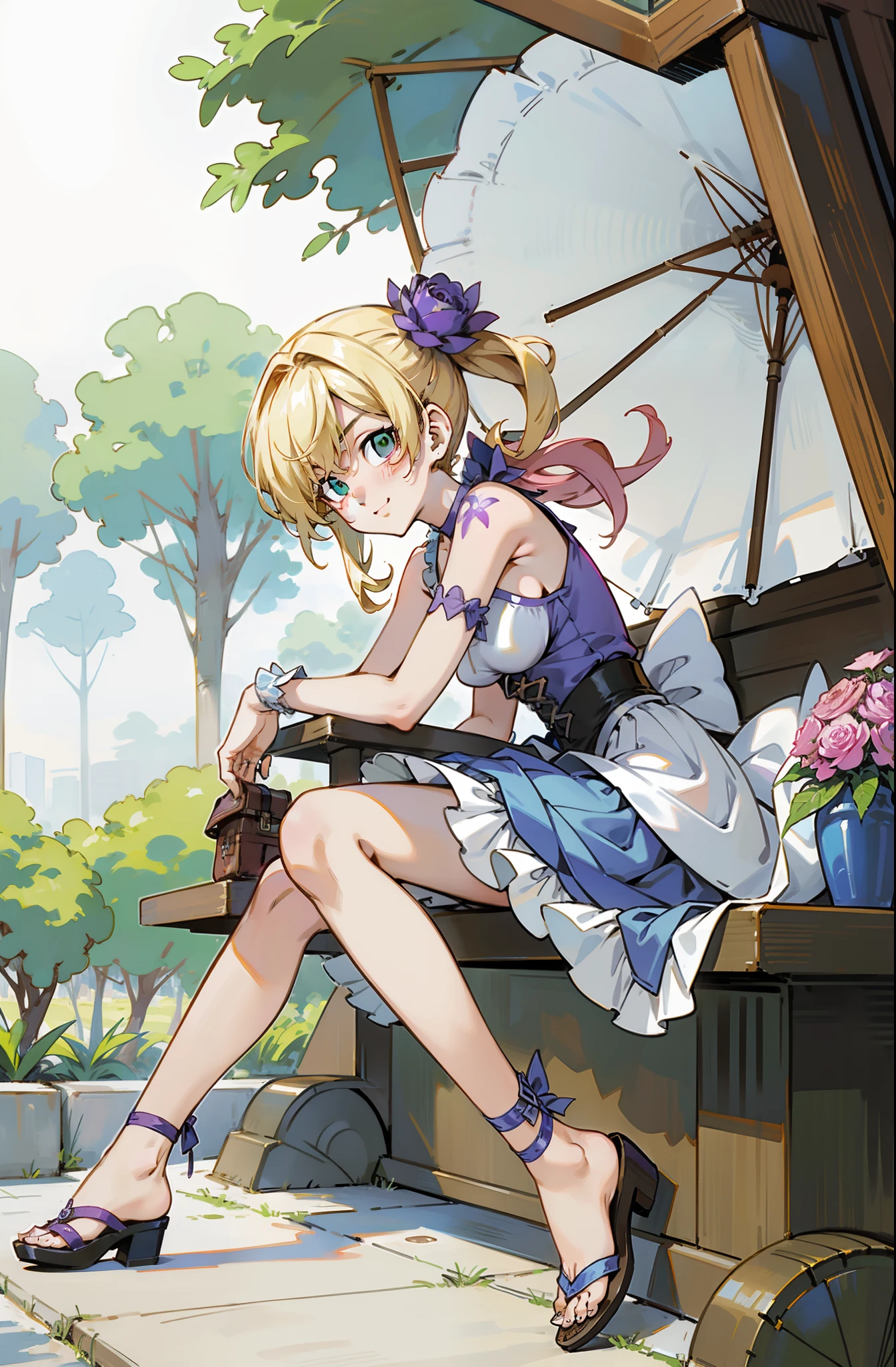 Colorful, Up-close, blonde hair, Ultra-realistic hair quality, Vibrant colors, Young Girl, girl, Beautiful long hair, Shiny hair, detailed hairs, Hair Ribbon, Single-sided up, Chifuyu Matsuno, Tokyo Revengers, no sleeves, Sleeveless, Open shoulders, Cinderella, Drawing, Panniers and Cinderella, Cinderella Dresses, Lace dress, long dress, White tights with leggings, Lace Leggings, Chest exposure, Lace underwear, Metamorphosis is exposed, Choker, Black Choker, complete fingers, Five Fingers, Two arms, Two hands, The tattoo, body tattoo, arm tattoos, Blue Rose Tattoo, Tattoo on the wrist, Tattoo on the thigh, Relative area, Sexy breasts, Big breasts, red blush, 1girl in, Solo, Sharp face, Heterochromia, Green eyes, Purple eyes, Bare neck, Happy face, lightsmile, Skirt in dress, Panniers in dresses,Sitting on the premises, Scenery of Shanghai, Castles, crouching down, Bare foots, Sandals, brown sandals, gladiator sandals, masutepiece, Ultra-detailed, Hyper-detailing, Best Quality