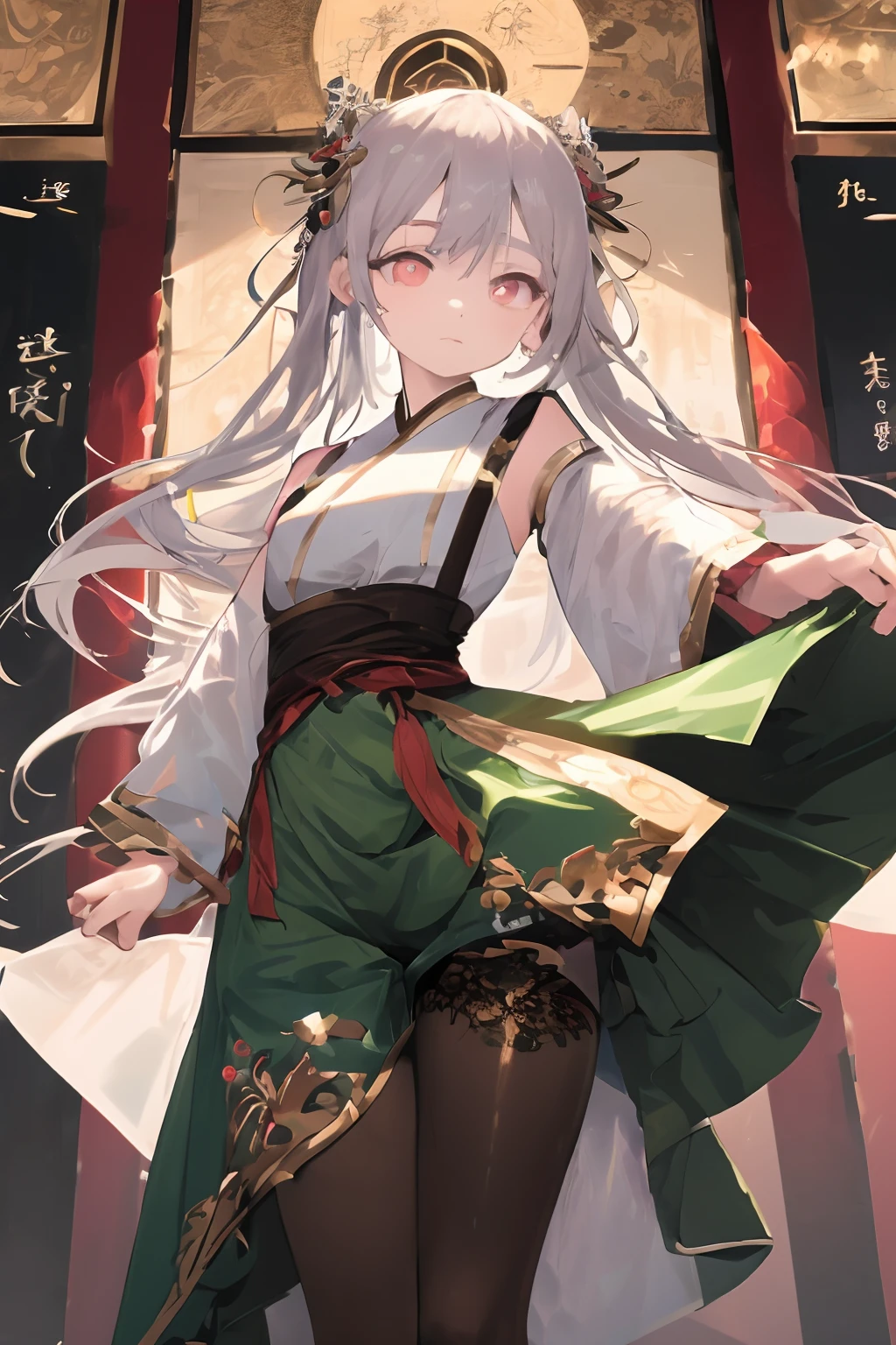 There is a girl in a green dress, clubs，palaces，oriental architecture ray tracing，{best qualtiy}，{ {tmasterpiece}}，Extremely detailed 8K wallpaper，{An extremely delicate and beautiful}，coloured with lots of colour，intricately details，photorealestic，Realiy，Camera quality，（Carefully portray clothes），Cold white skin，（Carefully portray blush）,1080p，suns，Soft cute，Smooth light silver hair，Messy beauty，lamplight，Sense of brokenness，The skin is shiny and silky，3D stereoscopic，tmasterpiece，The best quality，The illustrations are super detailed，beautidful eyes，Very delicate light，Fine luminescence，Very detailed 8K CG wallpaper，Peach blossom eyes，Red pupils，An extremely delicate and beautiful girl，8k wallpaper，best qualtiy，close-up all over the body，a white long skirt，Luxuriously silky bright red chiffon overshine（Illusion，glitters，Ultrathin，softness，）Hanfu，sexyposture，Seductive pose，leg wide open，Lace，panties are visible，Lift the hem，camisole，suspender stockings，lacepantyhose，Lift the skirt，underdressing，brassier，M legs， your ass，Erlang legs
