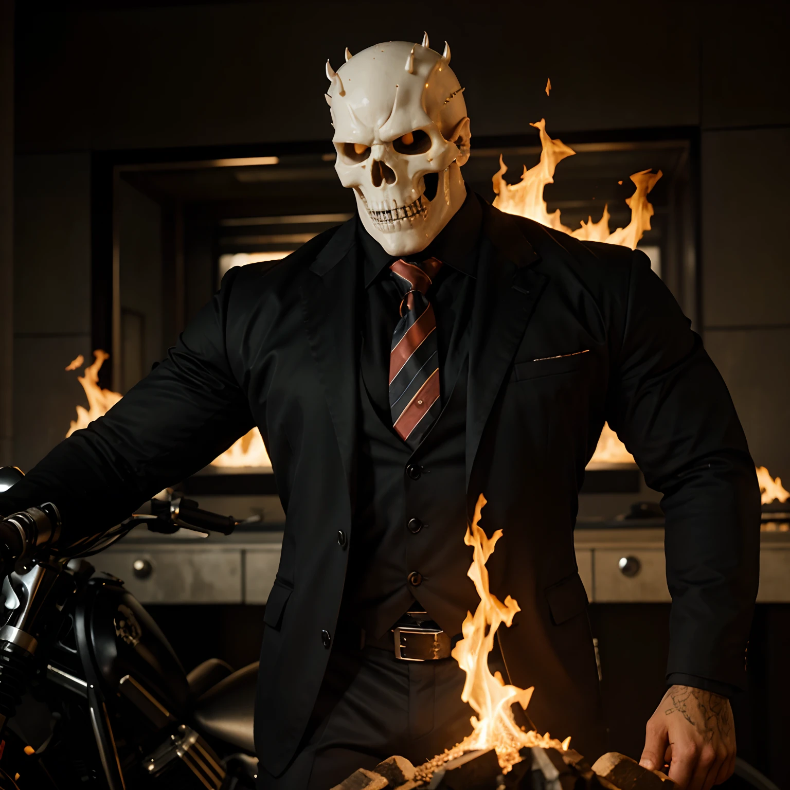 Ghost rider , muscled with huge pecs , hugge torso , huge arms , with a skull head like with fire , in suit with a tie ans spikes