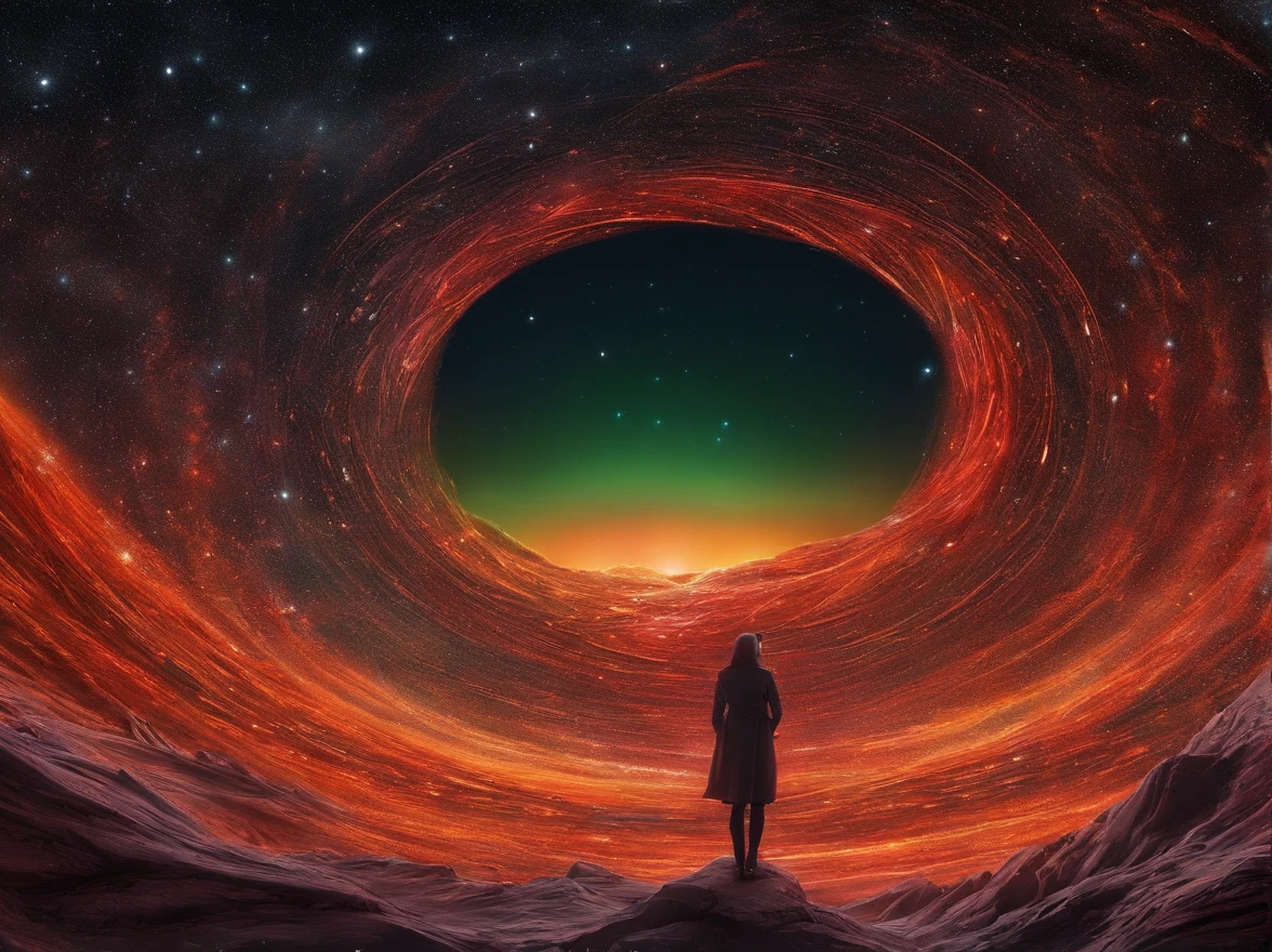 outside border, projected inset, cinematic lighting, Surrealism, UHD, masterpiece, anatomically correct, textured skin, textured skin, textured skin, super detail, anatomically correct, ccurate, award winning, high quality, highres, 16k
Close-up of black holes in red and green galaxies, Inside a black hole, Black holes in space, Get out of the black hole, Interstellar black hole, Enter a black hole, Black hole event horizon, is being drawn into a blackhole, black hole, black hole, black hole time portal, Black holes, luminous black hole portal,Photography,Game scene graph,author:Andrey Remnev,sober, Otherworldly,in wonderland, impossible,Dot Art,Pointillism,by Gustav Klimt,