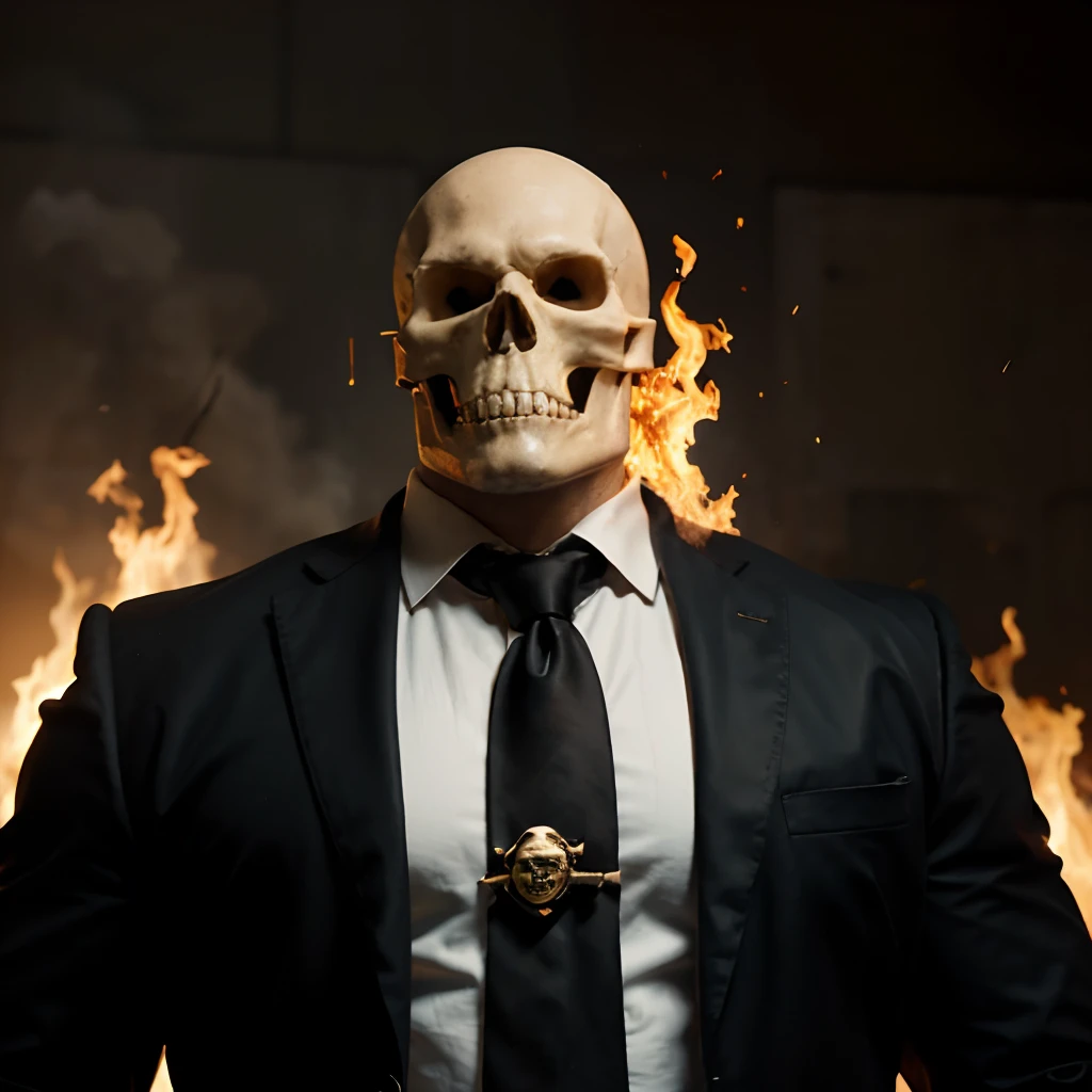 Ghost rider , muscled with huge pecs , hugge torso , huge arms , with a skull head like with fire , in suit with a tie ans spikes