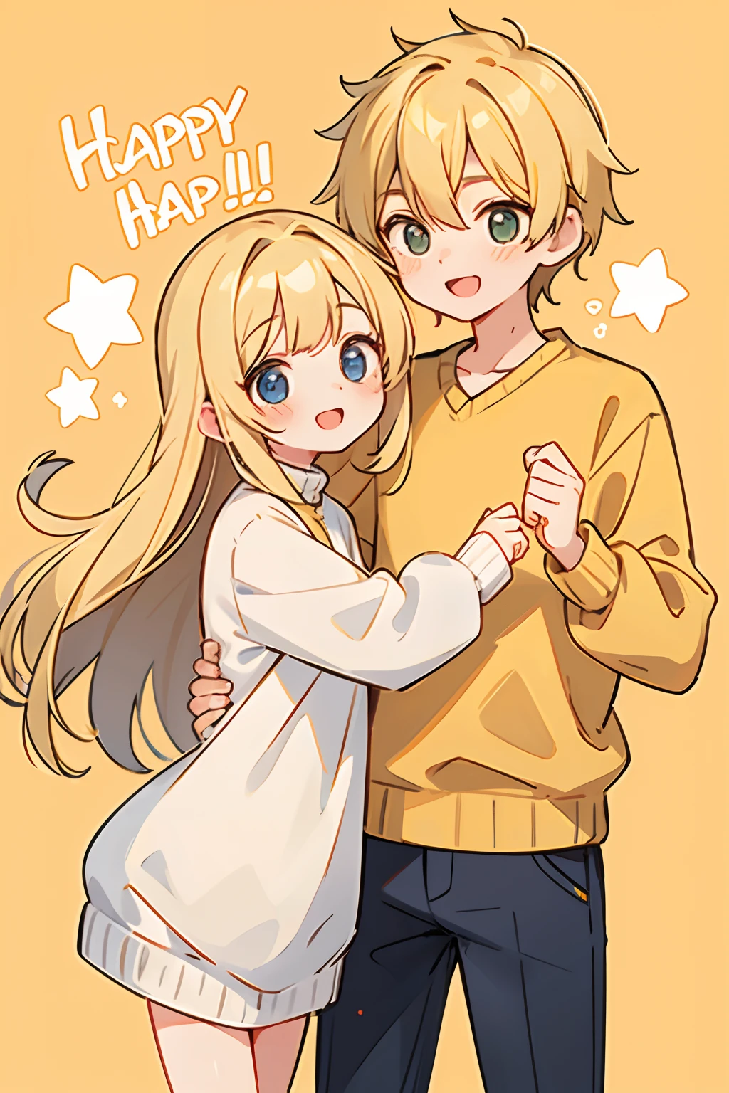 yellow blond long hair, 1Girl, 1 boy, couple, Sweaters, happy face, nice background