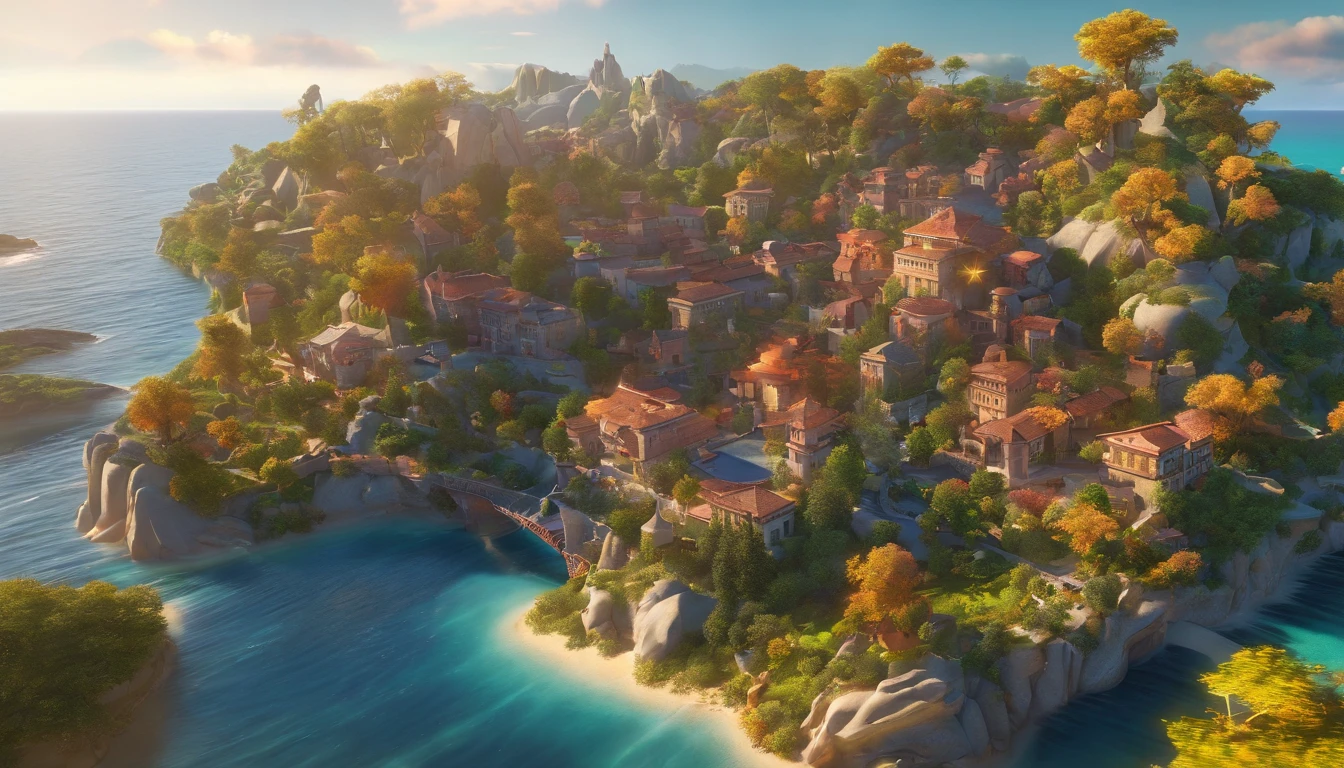 Aerial view of a hyper detailed fantasy fantasy setting, 4k, uhd, um torre feita de esmeralda no centro da cena, With the sea in crystal clear waters, Autumn mountainous vegetation, Sunset towards the right side of the scene to the left, luz do sol no fim do dia., With your twilight sky dusking, photographic light, foto realista de cinema, Camera with 35mm lens.
