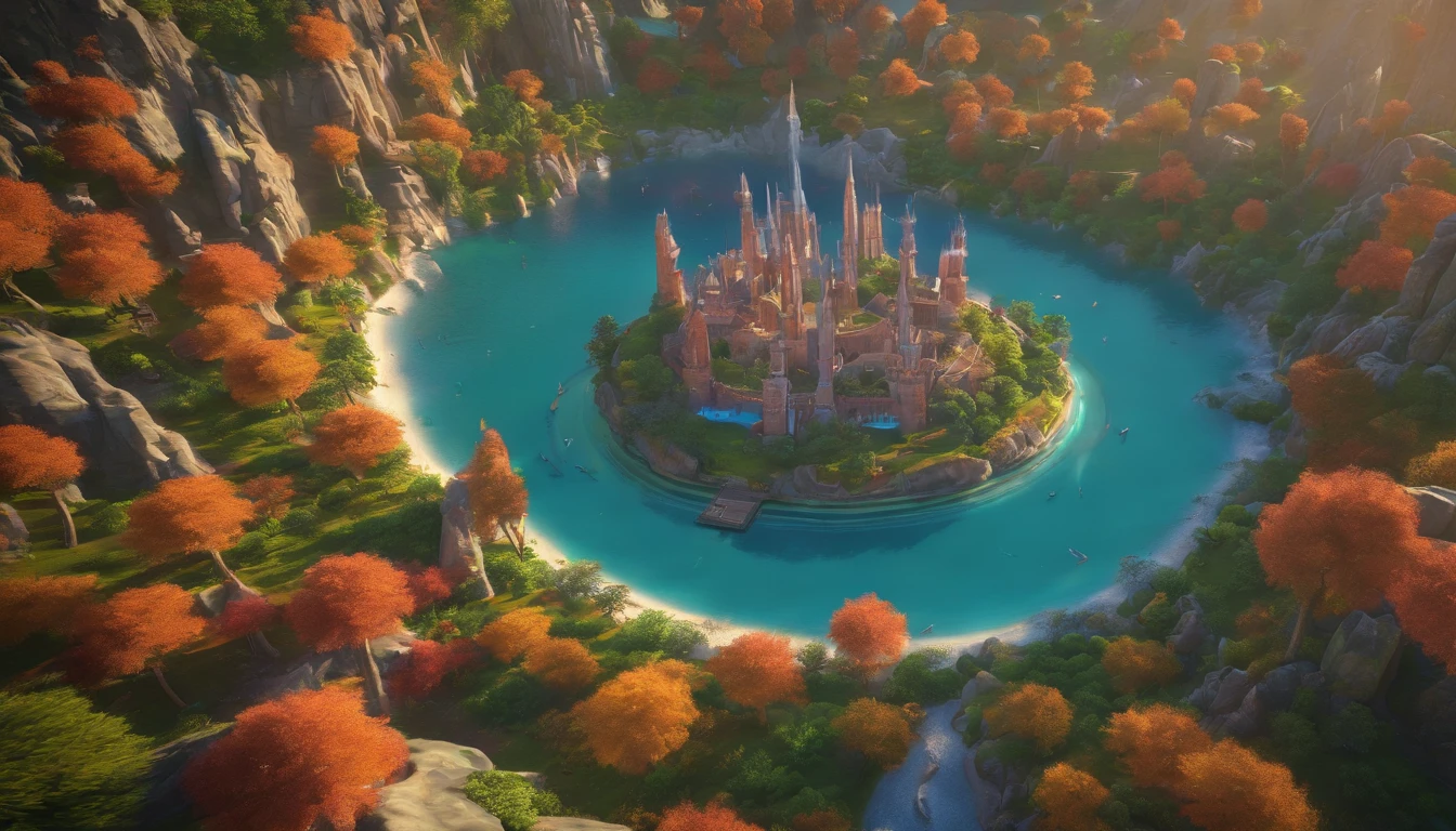 Aerial view of a hyper detailed fantasy fantasy setting, 4k, uhd, um torre feita de esmeralda no centro da cena, With the sea in crystal clear waters, Autumn mountainous vegetation, Sunset towards the right side of the scene to the left, luz do sol no fim do dia., With your twilight sky dusking, photographic light, foto realista de cinema, Camera with 35mm lens.