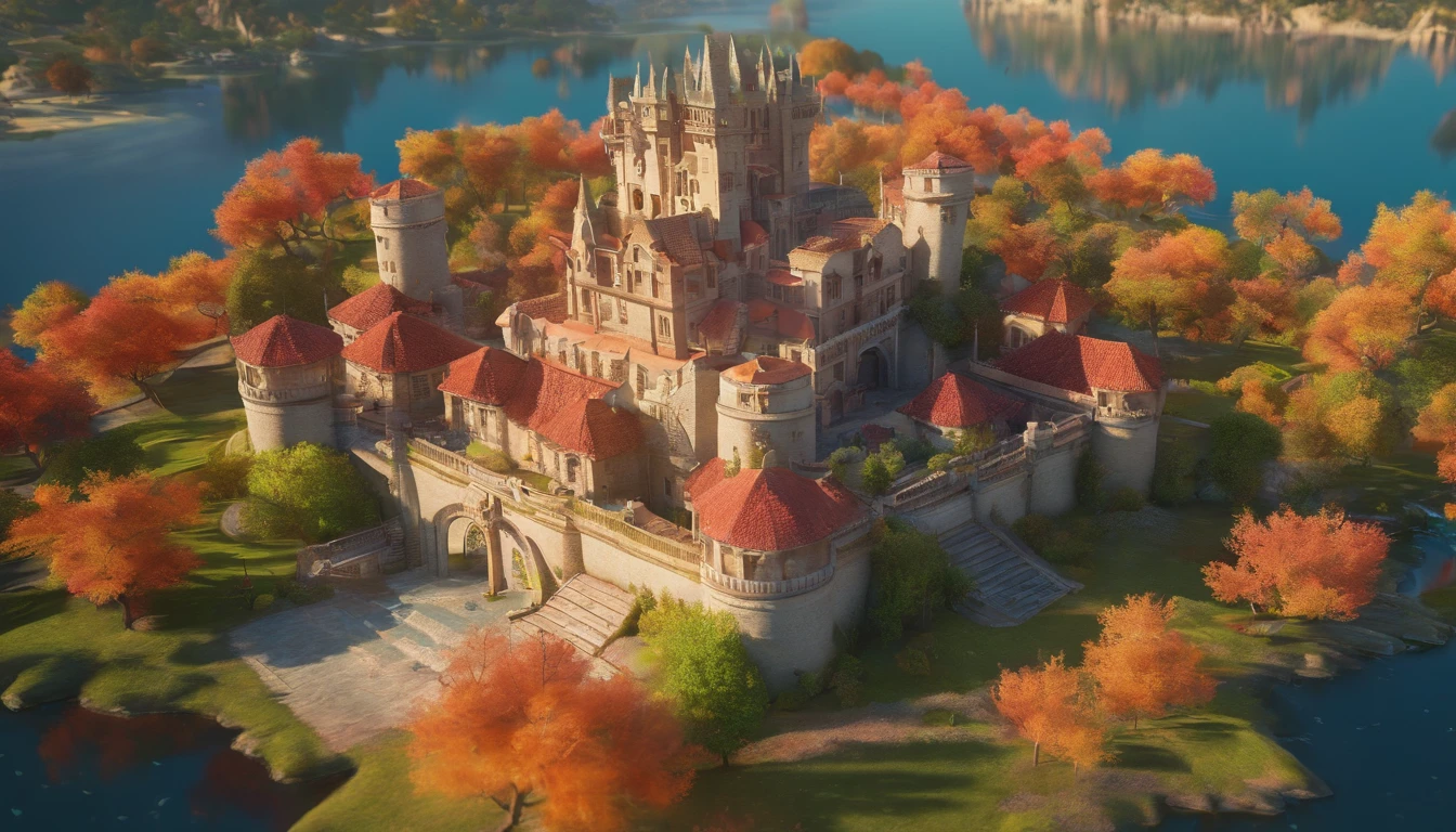 Aerial view of a hyper detailed fantasy fantasy setting, 4k, uhd, um torre feita de esmeralda no centro da cena, With the sea in crystal clear waters, Autumn mountainous vegetation, Sunset towards the right side of the scene to the left, luz do sol no fim do dia., With your twilight sky dusking, photographic light, foto realista de cinema, Camera with 35mm lens.