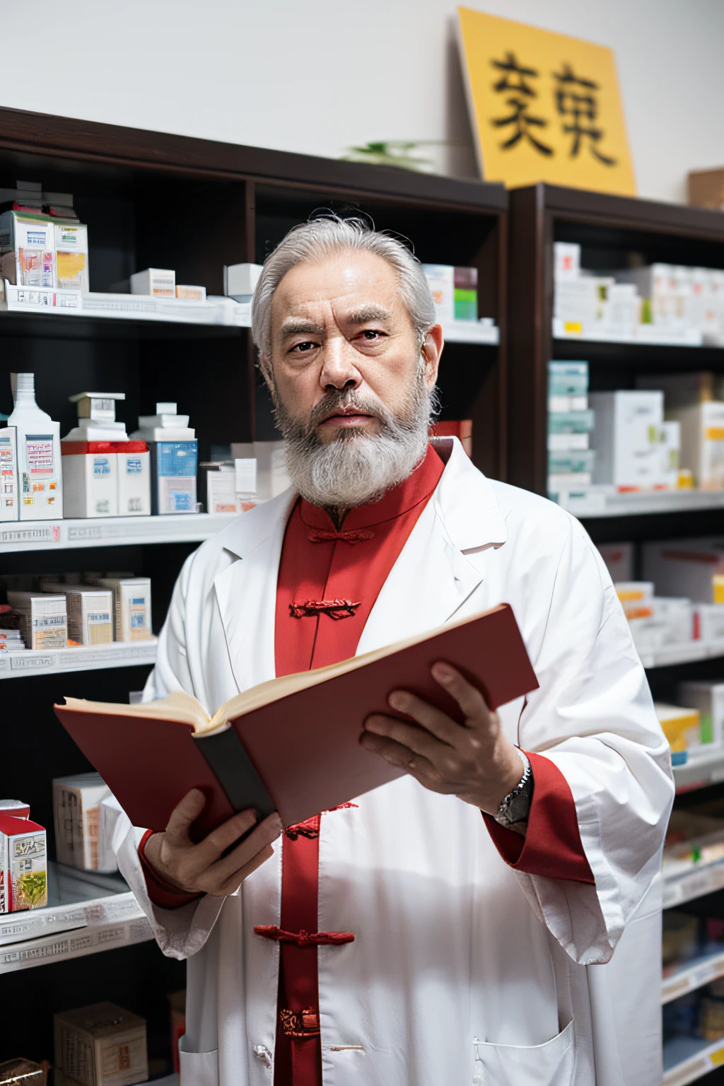 Chinese image,Real frontal photos,Authentic background,Pharmacy background,holding books,Manteau blanc,Face full of wrinkles,TCM image,Wise eyes,The beard is white,male people