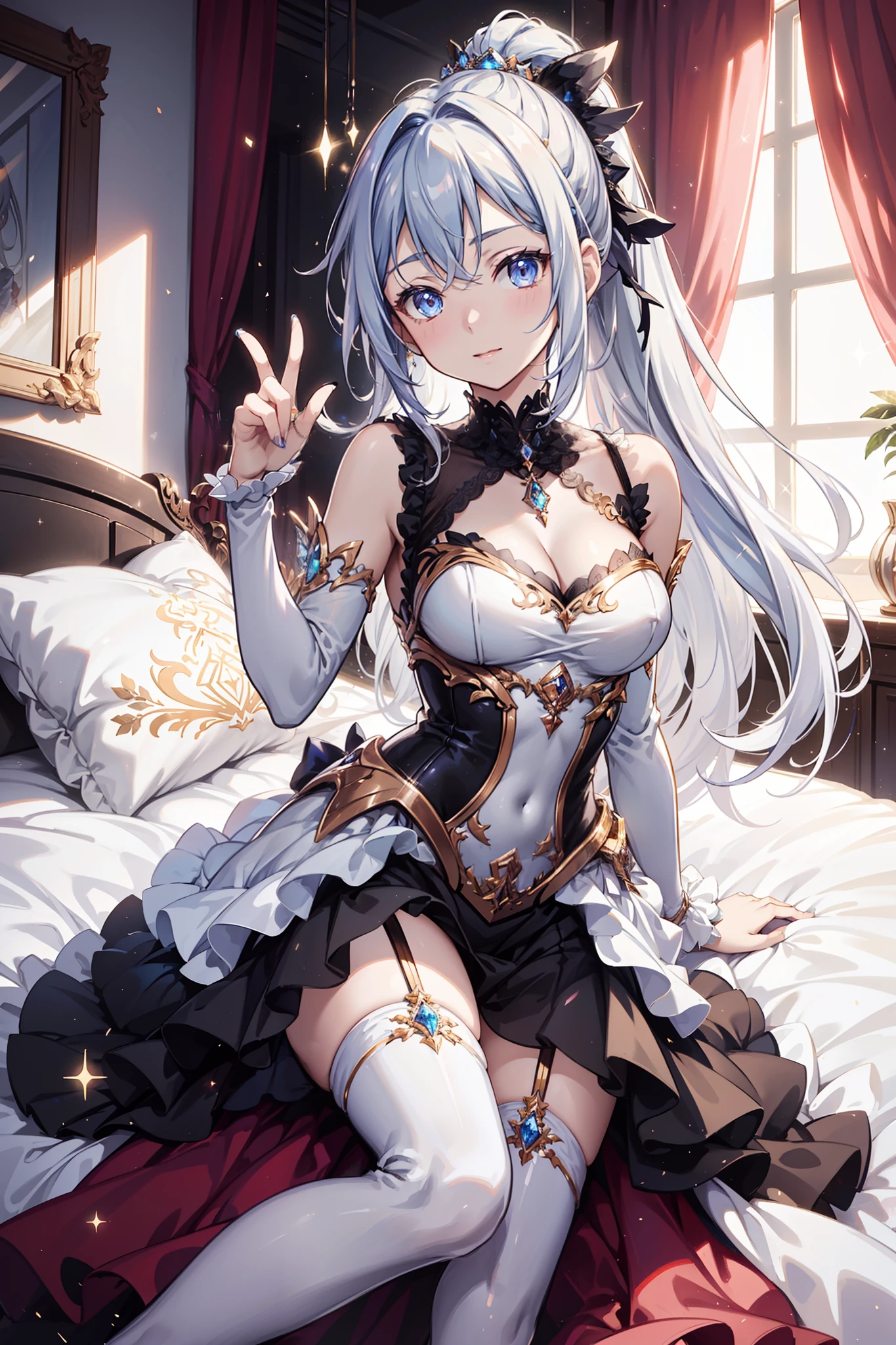 (glitters:0.9), (Sparkle:0.9), (Shine:0.9), (Best quality), (Masterpiece:1.2), (Anime style),Extremely colorful，Colorful，Beautiful and delicate face and hair，Complete body，Black and white double ponytail，Princess dress，Lace，folds，Ruffles， White stockings Long legs，Muffin shoes，Seductive pose，Luxurious bedroom，the night