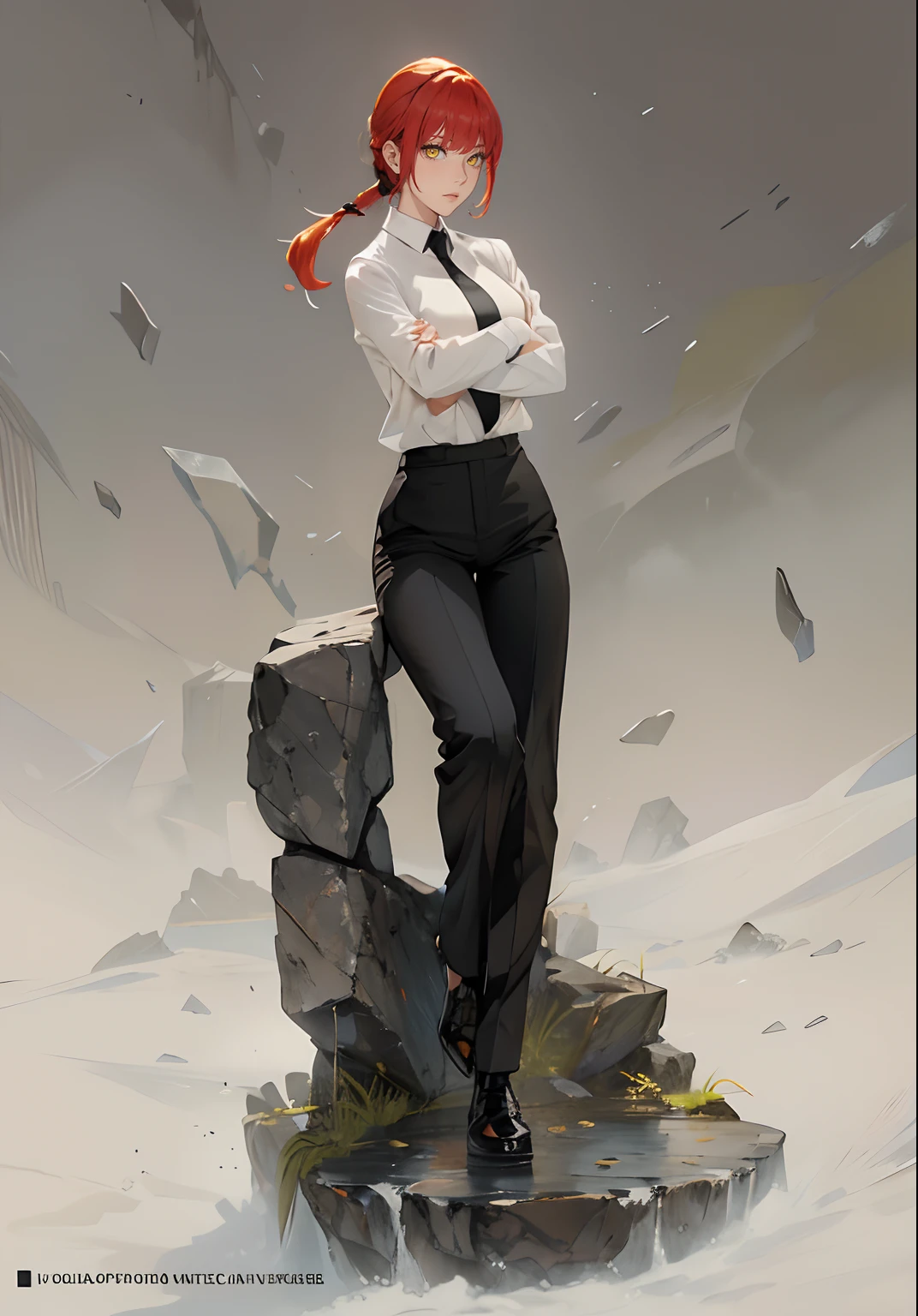 Masterpiece, 4k, high resolution,
Makima, beautiful face, yellow eyes, white work shirt and black tie, black slacks, black shoes, black trench coat, red hair in a ponytail, arms crossed
