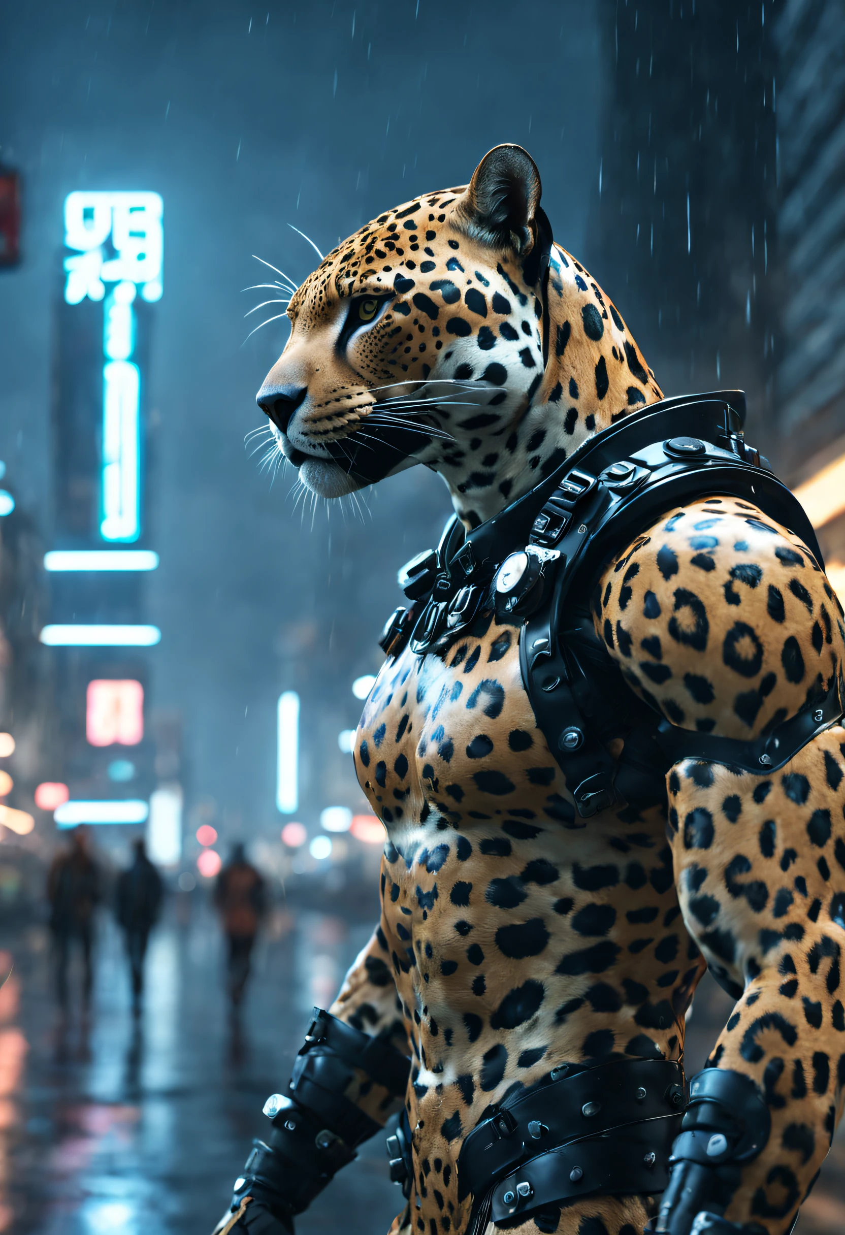 Realistic RAW analogues of anthro (jaguar:1.1) (man:0.9) Dress up in cyberpunk, Walk through a futuristic cybercity on a rainy night, Full moon in the sky, star,|(crisp focus, hyper detailed, extremely complex, Body-neutral impressions:1.10), natural light, Very high resolution detail, photographic, Realism pushes to the extreme., Fine texture, Incredibly realistic, motion picture, 35mm Film, 35mm photography., Skin, photo realism, DSLR, 8k UHD, HDR, ultra-detail, High Quality, [[Skin]]