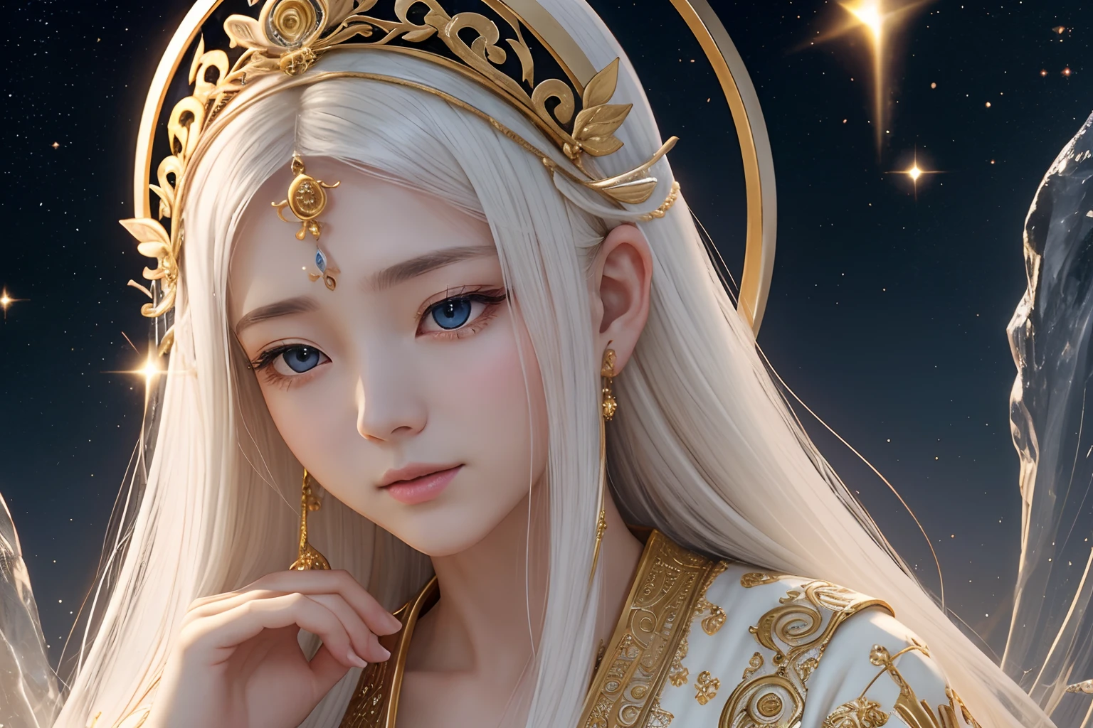 White and gold tones、heaven、top、celestial realm、sankta. Matthew Passion、renaissance、Mystical、Mature adult female、flawless、harmony、mercy、kindliness、Calmness、Highest Bit、Eos、Goddess of Eternity、eternity、dignity、solemnity、An majestic、sacredness、exalted、noble、glorias、prestige、Dazzling light、brilliance、miracle、The Breath of Life、fertility、Thanks、delight、wanting、Liberation、salvation、Forgiveness、revival、prosperity、reform、Lack of coldness、3-point live method、Oil Painting、Best Quality、perfect-composition、hight resolution、foco nítido、extremely high detail,Goddess 3D Portrait
