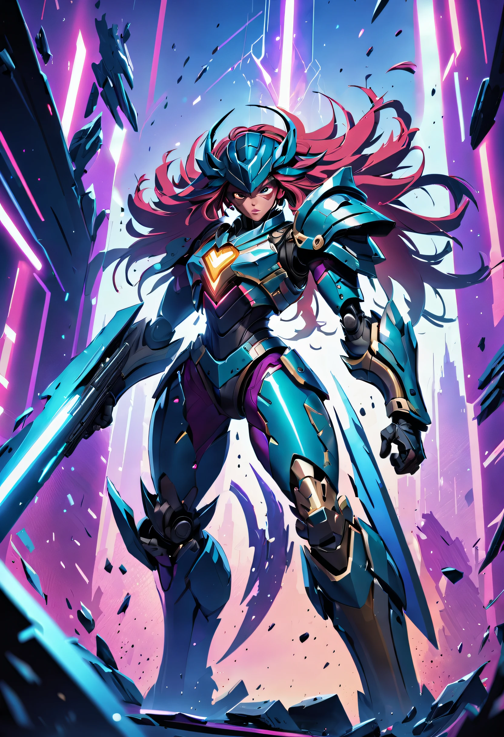 strong and confident, futuristic setting, high-tech weapons, intense battle scene, glowing energy effects, powerful and agile movements, metallic armor, dynamic pose, cybernetic enhancements, immersive background scenery, vibrant colors, dramatic lighting. (best quality, ultra-detailed, realistic:1.37), sci-fi style, vivid color palette, cinematic lighting.