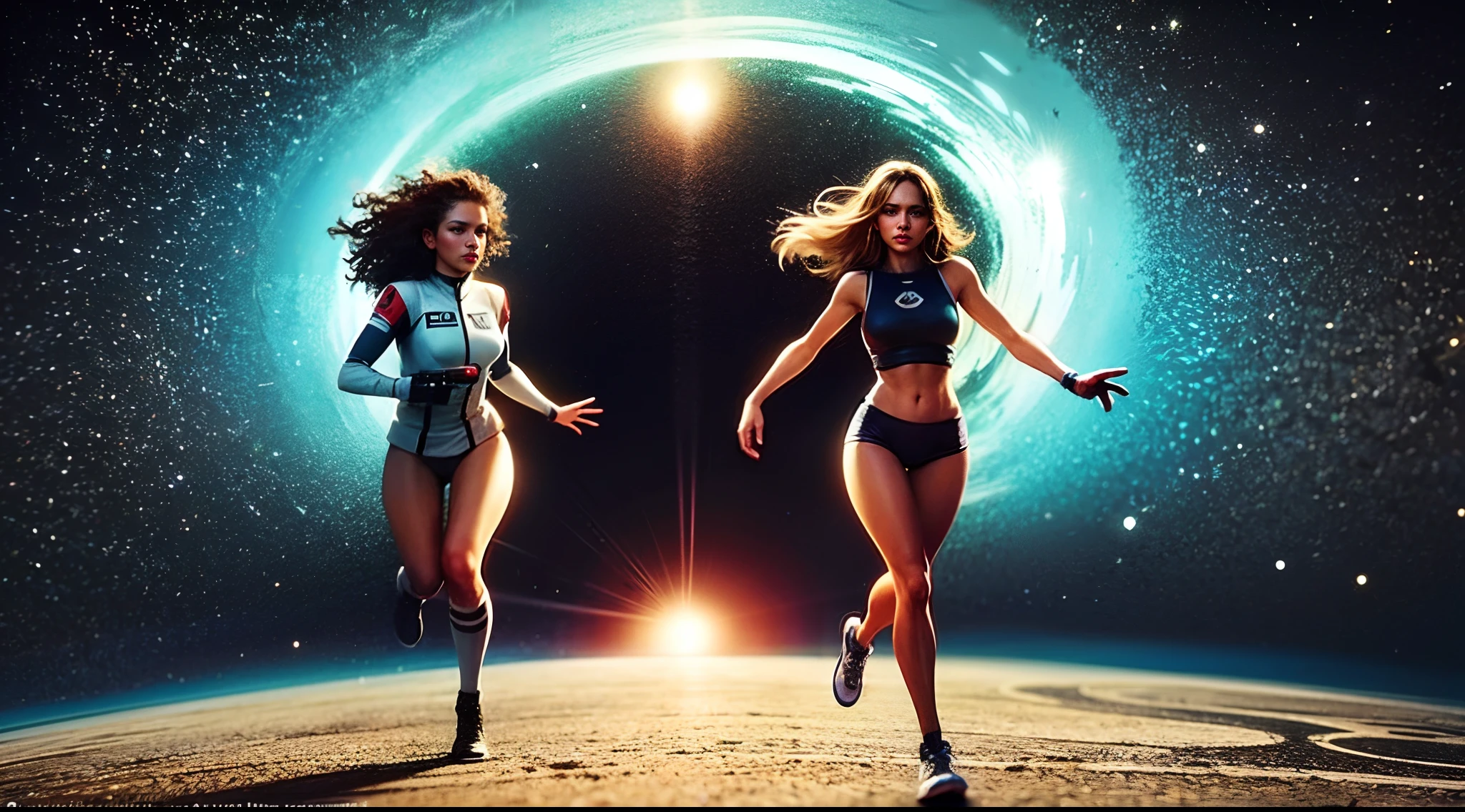 "A detailed 80s cover art style painting of a Fit, skinny, attractive, olive skinned, female rocketeer, running through halls of the millennium falcon spaceship holding a chrome red futuristic sawed off shotgun, looking fearless and determine to escape the ominous darkness of space in the distance behind her.