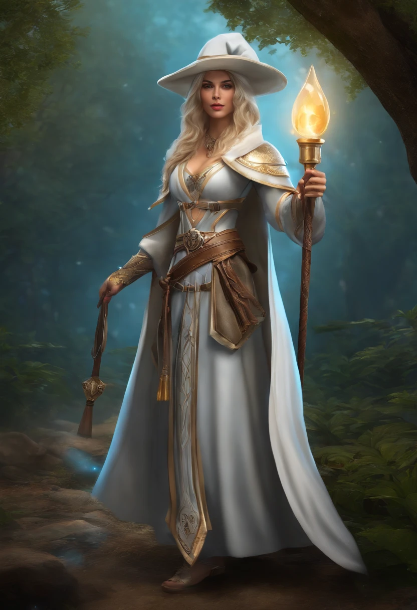 Create a realistic image of a person disguised as a rune wizard from the online Mu game. The person must have blonde hair, blue eyes, A pointed hat, a blue cloak, a white robe and a staff with a rune symbol on top. The person should take a heroic pose and look confidently into the camera. Imagine, You are a rune wizard from the online game Mu and want to dress up for a gaming convention.. What would your costume look like?? Draw a realistic picture of yourself through cosplay. The clothing should include a pointed hat, a blue cloak, a white robe and a staff with a rune symbol on top. Du musst blonde Haare und blue eyes haben. You must be in a scenario, that resembles the game, like a forest or a castle. Create a Rune Wizard character cosplay from the game MU Online with items, that you have at home. The character has blonde hair, blue eyes, A pointed hat, a blue cloak, a white robe and a staff with a rune symbol on top. Use your creativity, to improvise costume elements. For example, You can wear a white sheet as a tunic, A paper cone as a hat, a blue towel as a cape and a branch as a staff. Take a photo of yourself in cosplay and turn it into a photorealistic image with Seaart.