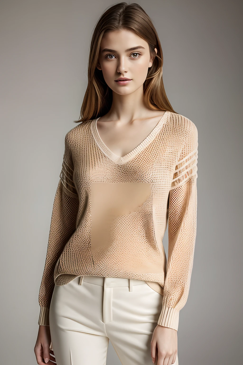 masutepiece, Photorealsitic, Best Quality, intricate and delicate, 8k wallpaper, top-quality, masterpiece, realisitic, ultra-detailliert, 1girl in, Sheer knitted V-neck sweater, Look at viewers, straight haired