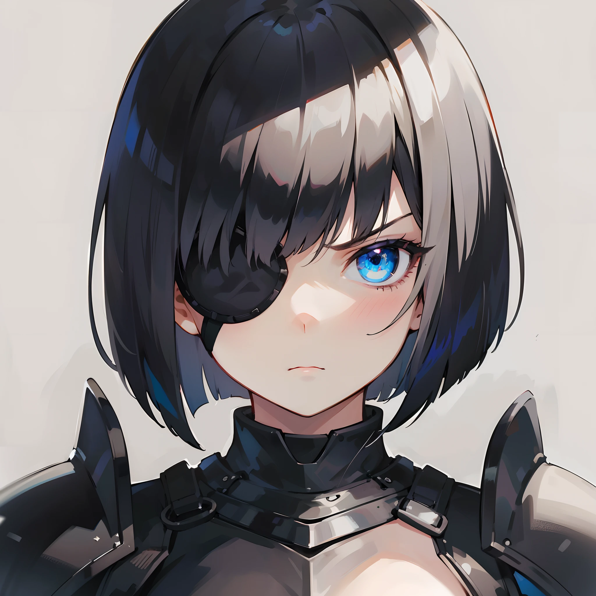 1girl, short black hair, bob cut, blue eyes, black eyepatch, black armor, serious expression, solo, best quality, masterpiece, portrait, simple background, looking at the camera, from the front, 1result, vibrant, detailed, perfect anatomy, detailed art, high definition, 4k, high resolution