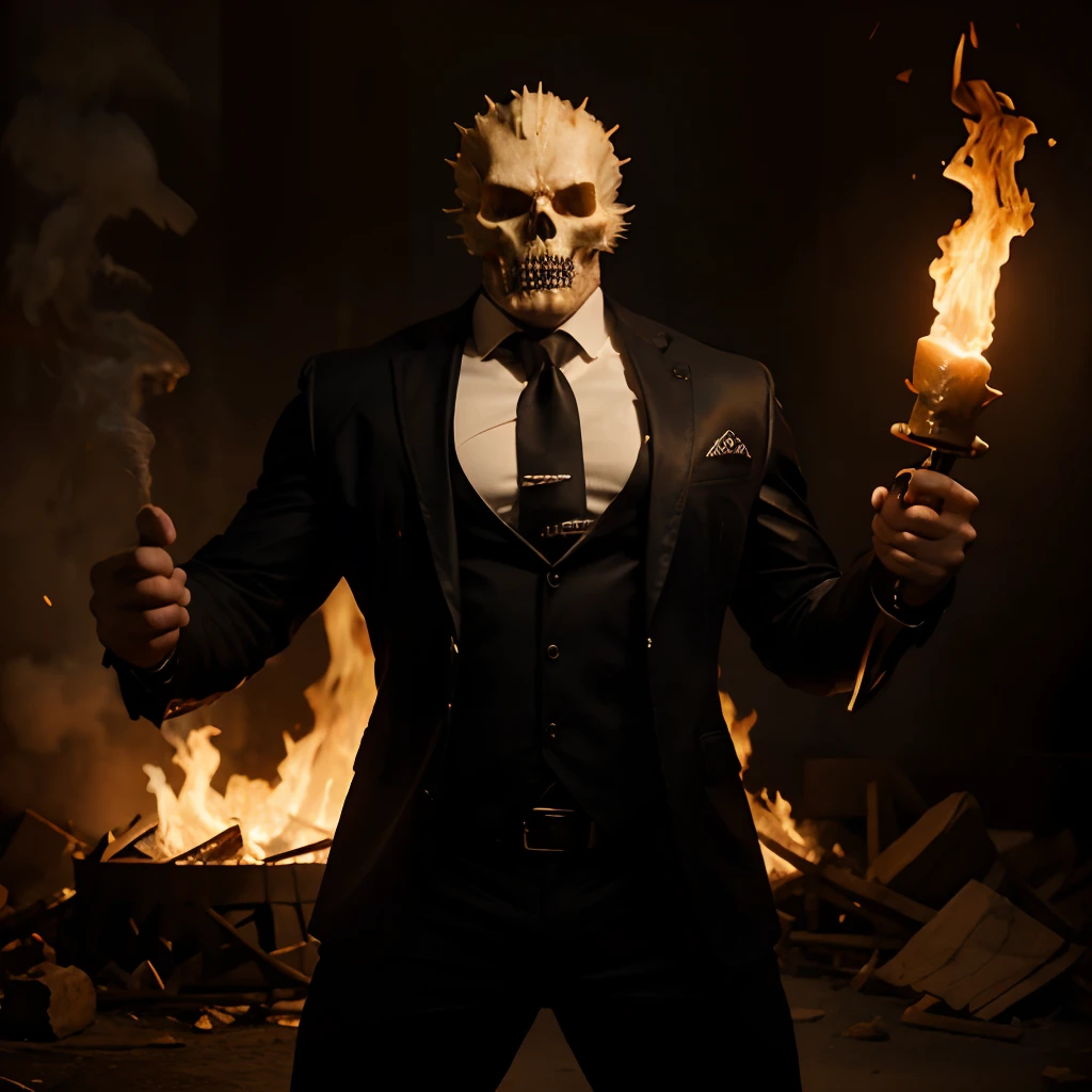 Ghost rider , muscled with huge pecs , hugge torso , huge arms , with a skull head like with fire , in suit with a tie ans spikes