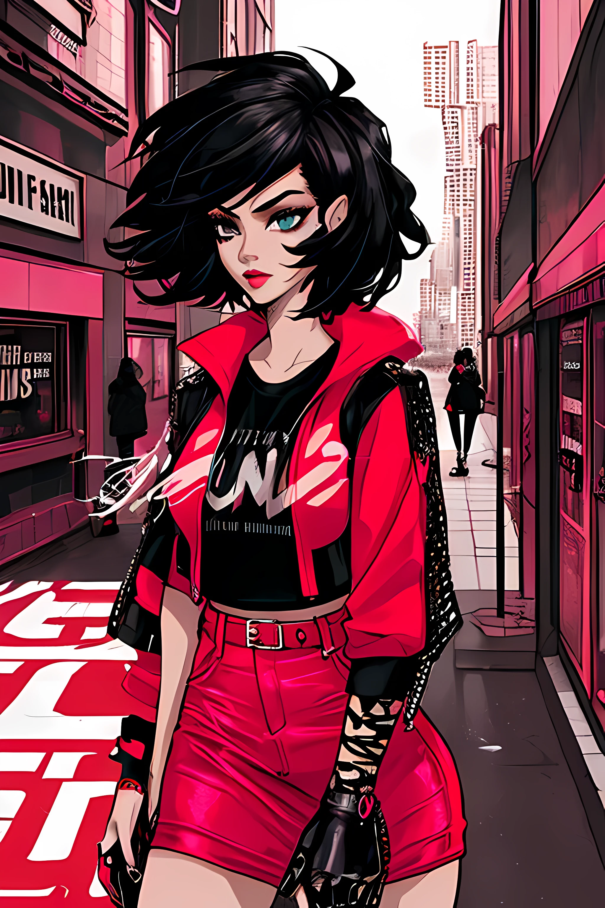 movie poster style, specific text, strong color contrast, stunning composition, bold and trendy, sexy girl, confident, urban street scene,english text, Bold Fashion,Confident Attitude,Female Empowerment,Street Style,Urban Fashion,Bold Typography,High,Contrast Colors,Sensual Clothing,Eye-catching Composition,Cityscape Vibes