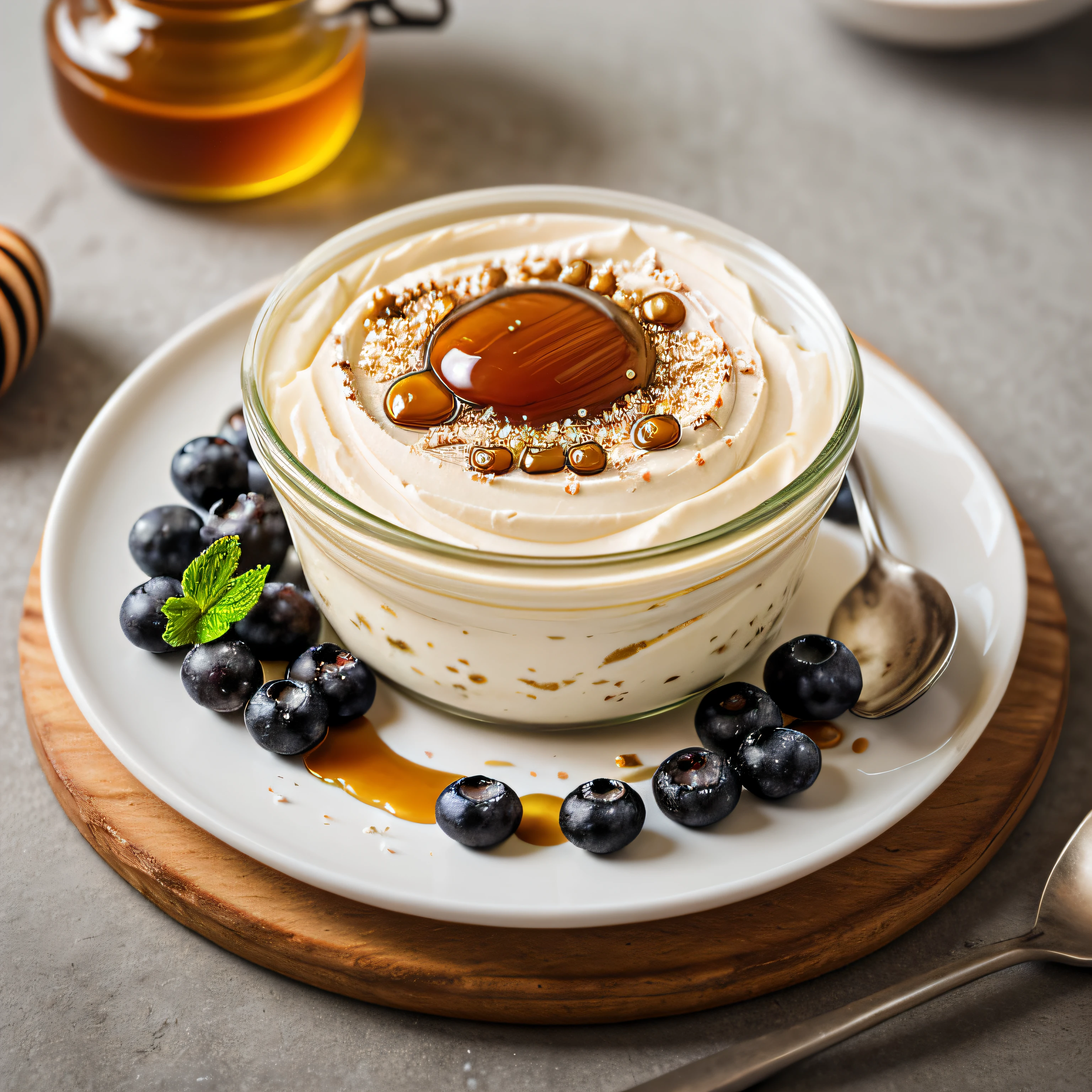 RAW photo, Greek yogurt with berries and honey, foodphoto, professional colour grading, soft shadows, no contrast, clean sharp focus, foodphoto,