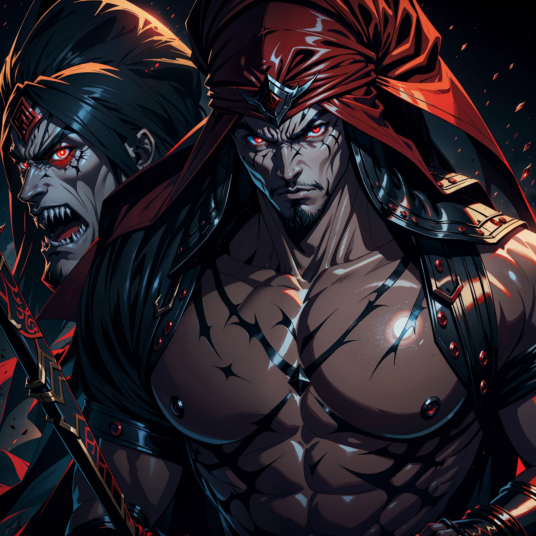 Castlevania Hyper Realistic Shadow Lord Super Detailed Dynamic Shot Master Piece of Lord Dracula Medieval Arab Warrior with Red Turban Scary Face Hokuto No Ken Structure Muscular Face Kenshiro Leading troops Army of demons to fight sharp details Cinematic Scenes Epic Movie Hyper Realistic Legendary Movie Epic Movie