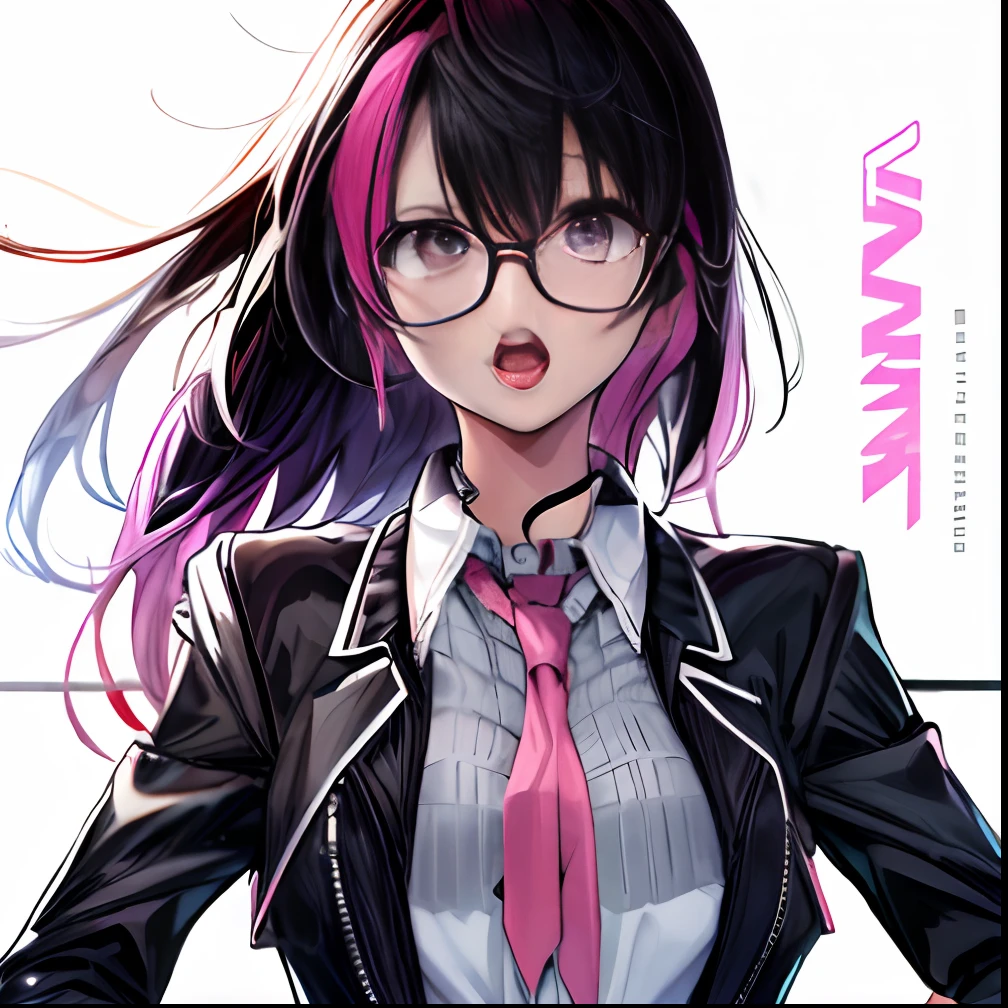 Glasses、eye glass、Pink and black hair colors、Black clothes、Black skirt、pistols、Holding a handgun、white sock、Ahegao