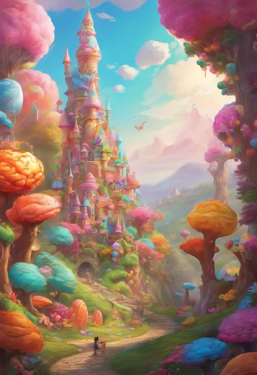 (Candy Land Explore the candy land kingdom filled with edible trees, Gum Mountain rises to dizzying heights, The road is paved smoothly, Vibrant gummy bricks.), 8k 辛烷值渲染, High detail, Masterpiece, ultra - detailed, Intricate details,