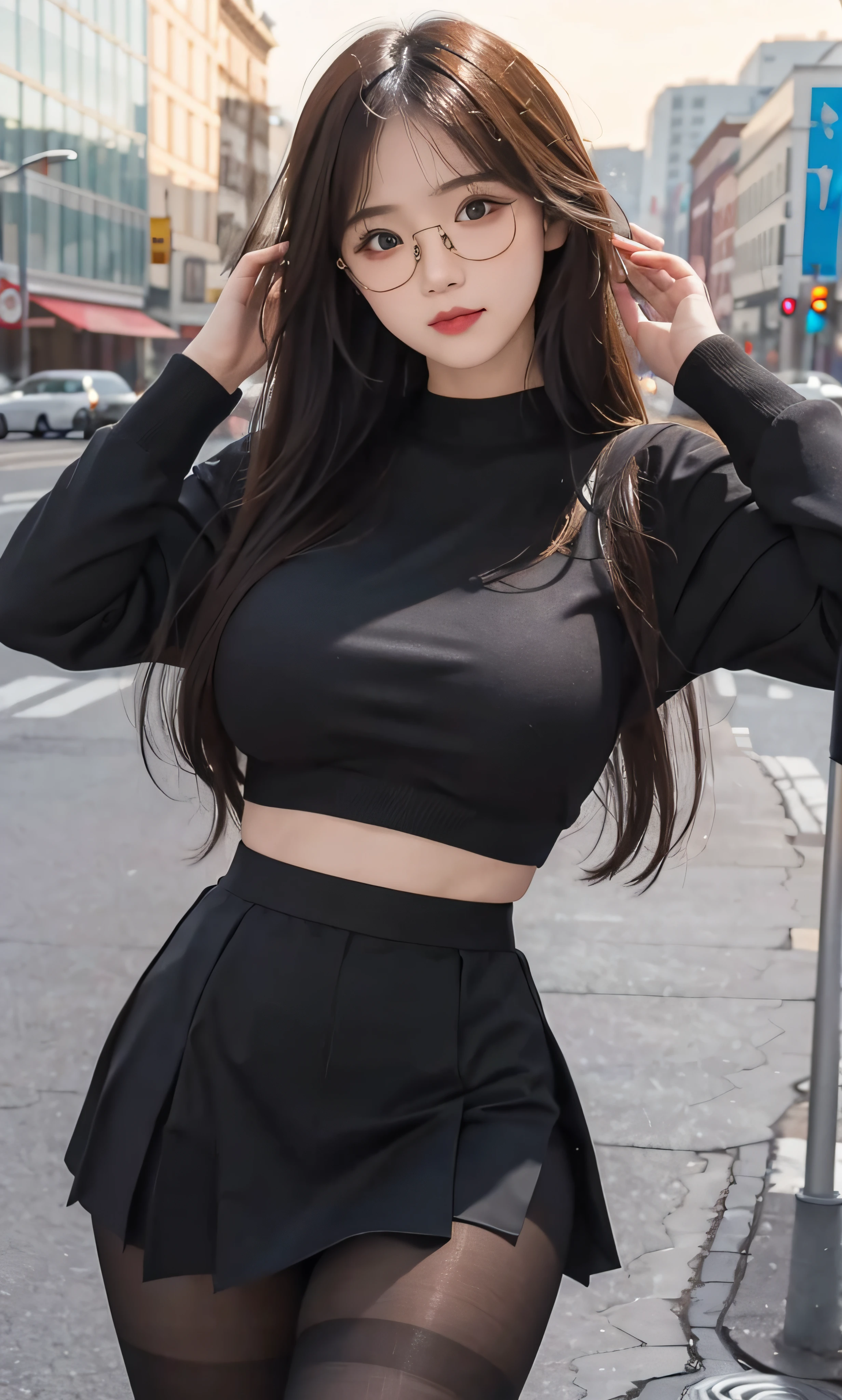 ulzzang -6500-v1.1, (Raw photo:1.2), (Photorealistic:1.4), Beautiful detailed girl, Very detailed eyes and face, Beautiful detailed eyes, Ridiculous, Incredibly ridiculous, Huge file size, super detailed, High resolution, Very detailed, Best Quality, masutepiece, ((fashion clothing with diverse colors)), Illustration, Very detailed, nffsw, unified, 8K Wallpaper, amazing, Fine detail, masutepiece ,Best Quality, Highly detailed ticker uniform 8k wallpaper, Light on Face, Movie Lighting, 1girl in, 16 years old, long white hair, side split, (Big breasts), ()), (Glasses), ((Dynamic Pose))), ((Sexy Pose))), (Camel toe), (half), (pantyhose)), ((Black hip skirt))、huge tit