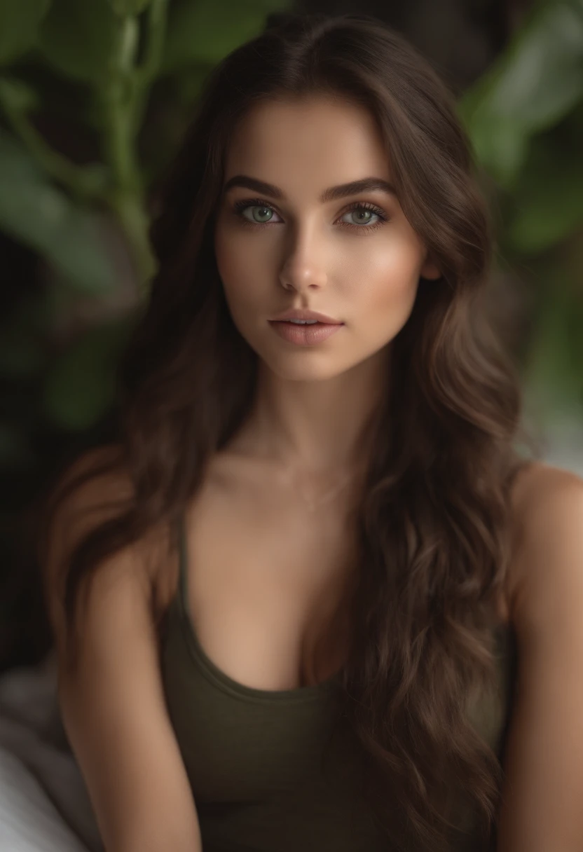 arafed woman with large breasts, sexy girl with green eyes, portrait sophie mudd, brown hair and large eyes, selfie of a young woman, bedroom eyes, violet myers, without makeup, natural makeup, looking directly at the camera, face with artgram, subtle makeup, stunning full body shot, piercing green eyes, beautiful angle, cute girl, full body picture, full body, full body shoot, brunette goddess, high detail, sexy pose, bali