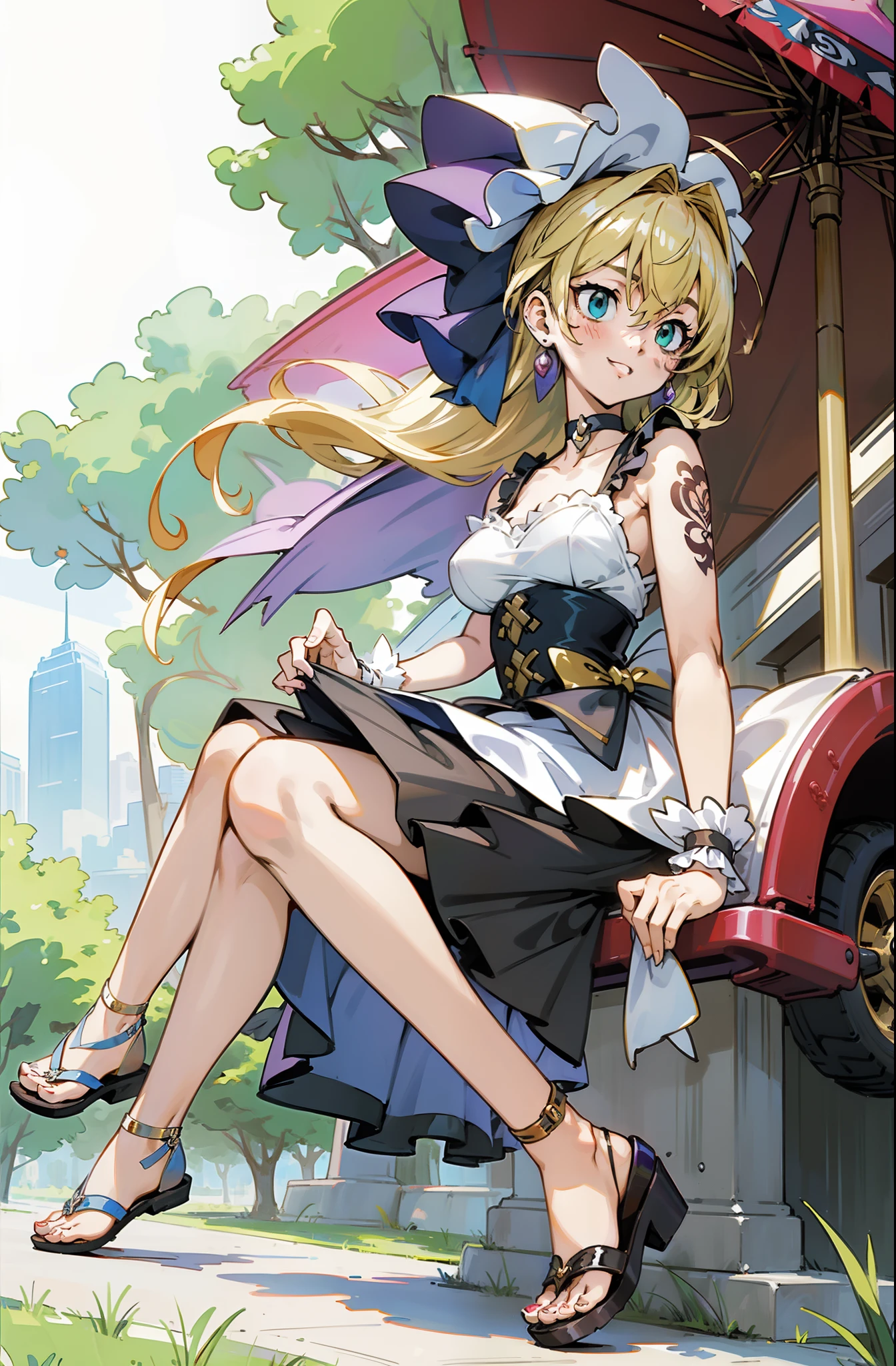 Colorful, Up-close, blonde hair, Ultra-realistic hair quality, Vibrant colors, Young Girl, girl, Beautiful long hair, Shiny hair, detailed hairs, Hair Ribbon, Single-sided up, Chifuyu Matsuno, Tokyo Revengers, no sleeves, Sleeveless, Open shoulders, Cinderella, Drawing, Panniers and Cinderella, Cinderella Dresses, Lace dress, long dress, White tights with leggings, Lace Leggings, Chest exposure, Lace underwear, Metamorphosis is exposed, Choker, Black Choker, complete fingers, Five Fingers, Two arms, Two hands, The tattoo, body tattoo, arm tattoos, Blue Rose Tattoo, Tattoo on the wrist, Tattoo on the thigh, Relative area, Sexy breasts, Big breasts, red blush, 1girl in, Solo, Sharp face, Heterochromia, Green eyes, Purple eyes, Bare neck, Happy face, lightsmile, Skirt in dress, Panniers in dresses,Sitting on the premises, Scenery of Shanghai, Castles, crouching down, Bare foots, Sandals, brown sandals, gladiator sandals, masutepiece, Ultra-detailed, Hyper-detailing, Best Quality