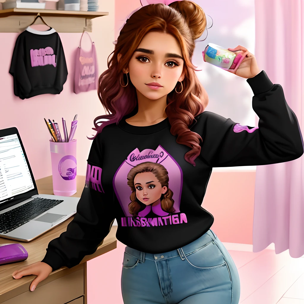 Illustration Hispanic  woman with Golden brown hair mess bun standing with pink and purple smokey background with desk, tumbler, sublimation printer and laptop wearing a black crewneck sweatshirt that says "Beautiful Creations Designs"