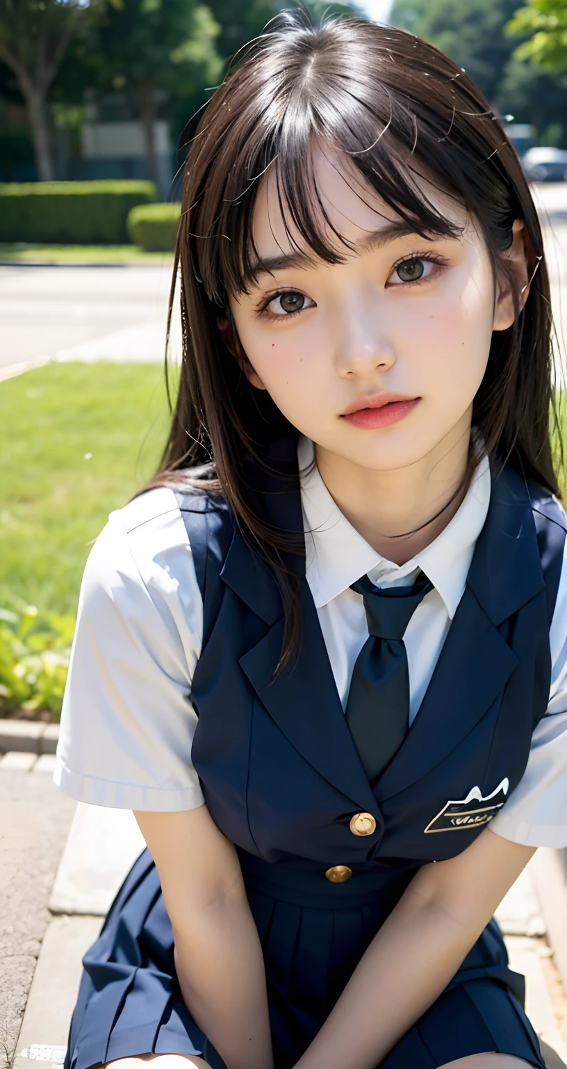 ((top-quality、​masterpiece))、Raw photography、8K、top-quality、 超A high resolution、Beautiful face in every detail、Realistic human skin、Gentle expression、front-facing view、Farbe々From an angle、realisitic、Photorealsitic、Beautie、length hair、a short skirt、Beautiful schoolgirl、Japan schoolgirl wearing uniform、Surreal High School Girl、(wrist watch)、neck tie、smil、a park、blue-sky、lawn、