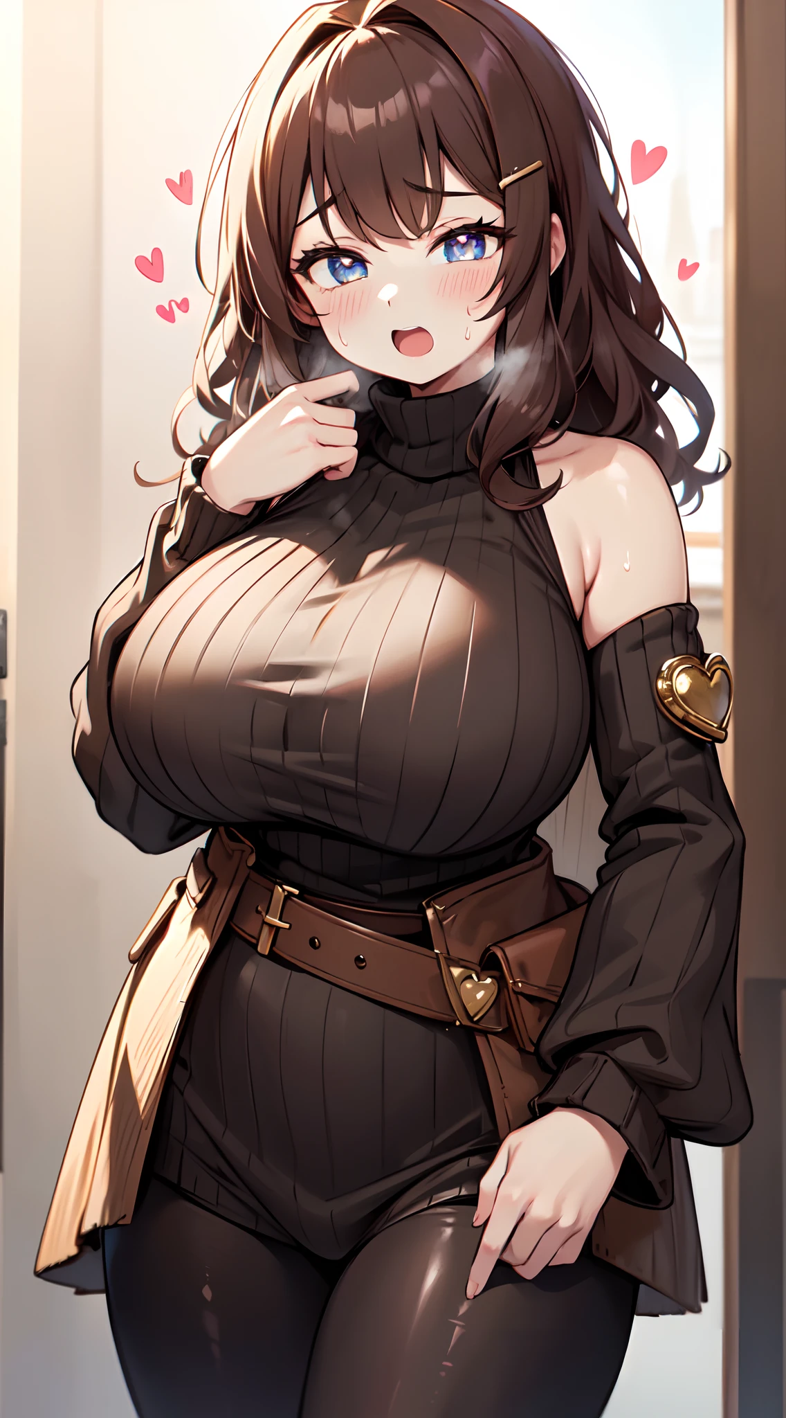 masterpiece,best quality,ultra detailed,8k,tall,big female,gigantic breasts,young,20 years old,medium hair,wavy hair,brown hair,hairclip,brown sweater,ribbed sweater,bare shoulders,detached sleeves,belt buckle,black tights,strapless,:o,blush,sweat,heavy breathing,heart-shaped pupils,open mouth,face focus,Close-up,,(heart eyes:1.3), love,