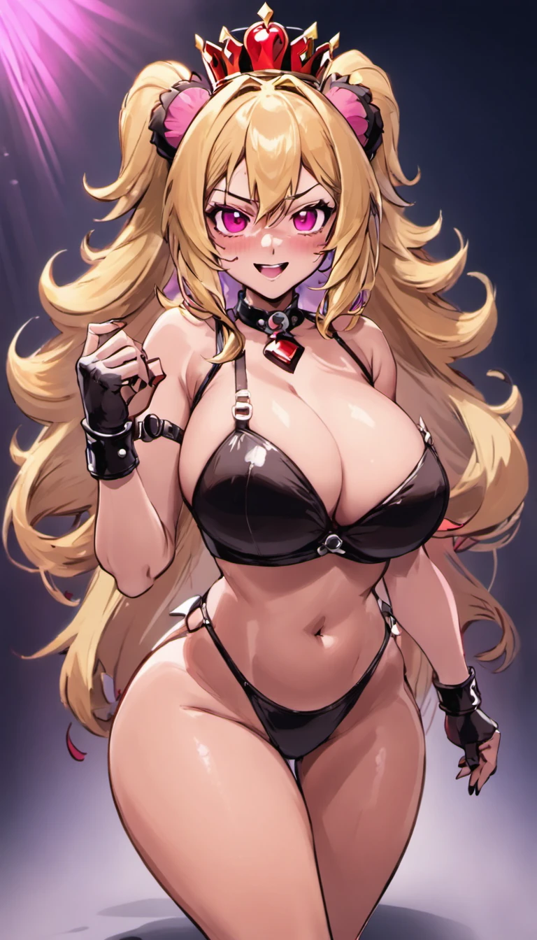 Bowsette, (big breasts: 1.6), cleavage, best quality, masterpiece portrait, (beautiful eyes: 1.2), shaded face, solo, full body, muscular body, big butt, facing forward, smiling, smooth skin, dark blonde, tied up hair, pink crown, mushroom crown, spike bracelets, red eyes, large horns, side horns,