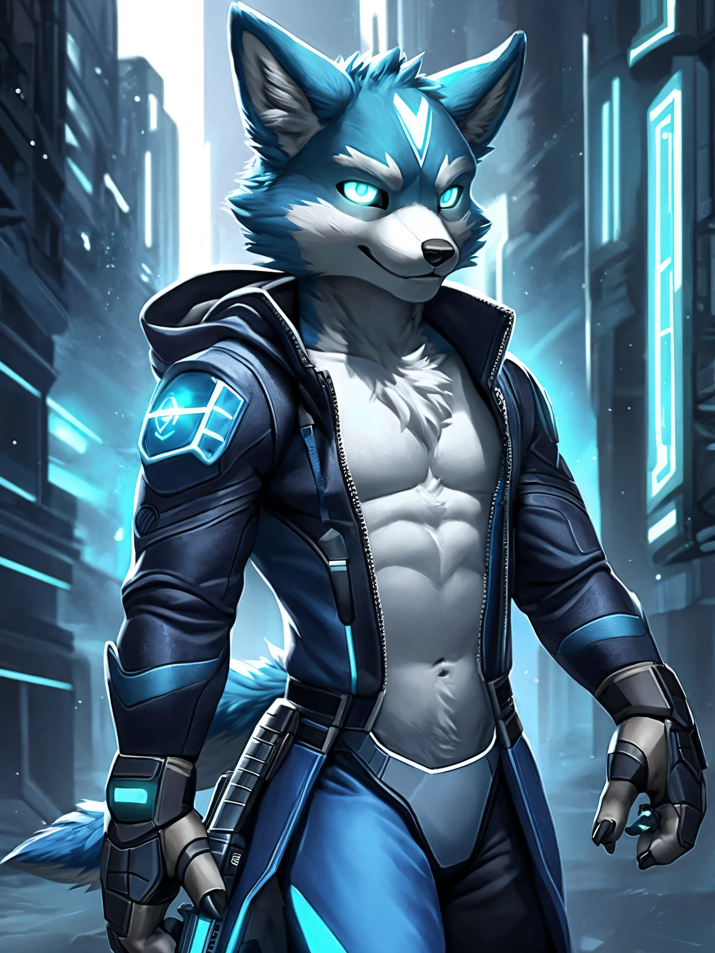 Rystal, Star Fox, 13 years old male, (A detailed), fluffly, Solo, adolable，Lovely and lovely style , fotorealistisch, ((clear structural details)), Meticulous and realistic, A detailed eye, (Turquoise blue pupils), (( Lapis lazuli glowing eyes)), Excellent quality, high detal, Detailed fur, ((The tail is in the right place) ，Sky blue fur ，Cyberpunk Style ，Sapphire trench coat，Handheld quantum laser knife