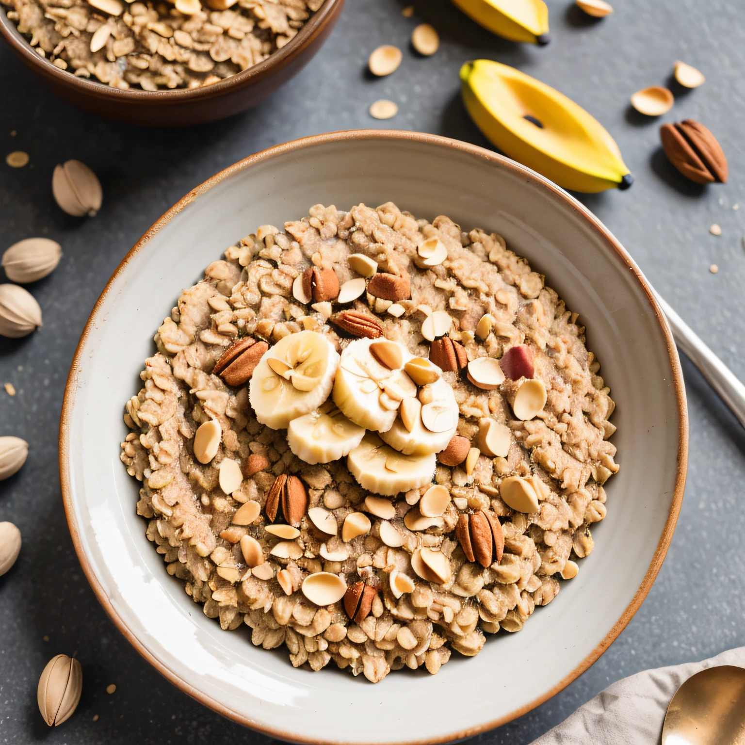 RAW photo, Oatmeal topped with nuts and sliced banana, foodphoto, professional colour grading, soft shadows, no contrast, clean sharp focus, foodphoto,