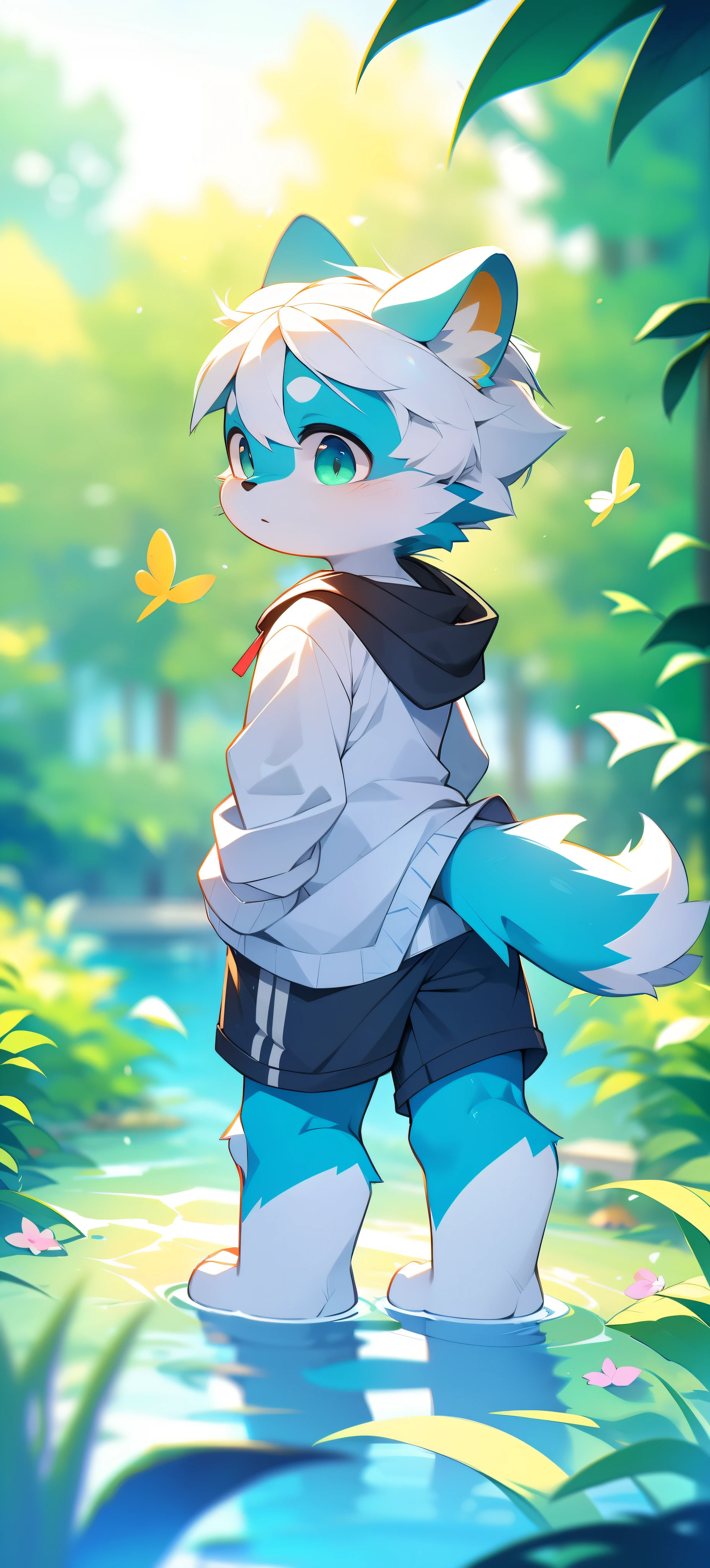 White-haired and barefoot Xiao Shota walked in the sea of flowers，(White fur， detailed fur， Green glow in the eyes， White hair），adolable,droopy ears,Put butterflies on the background,Staring at butterflies